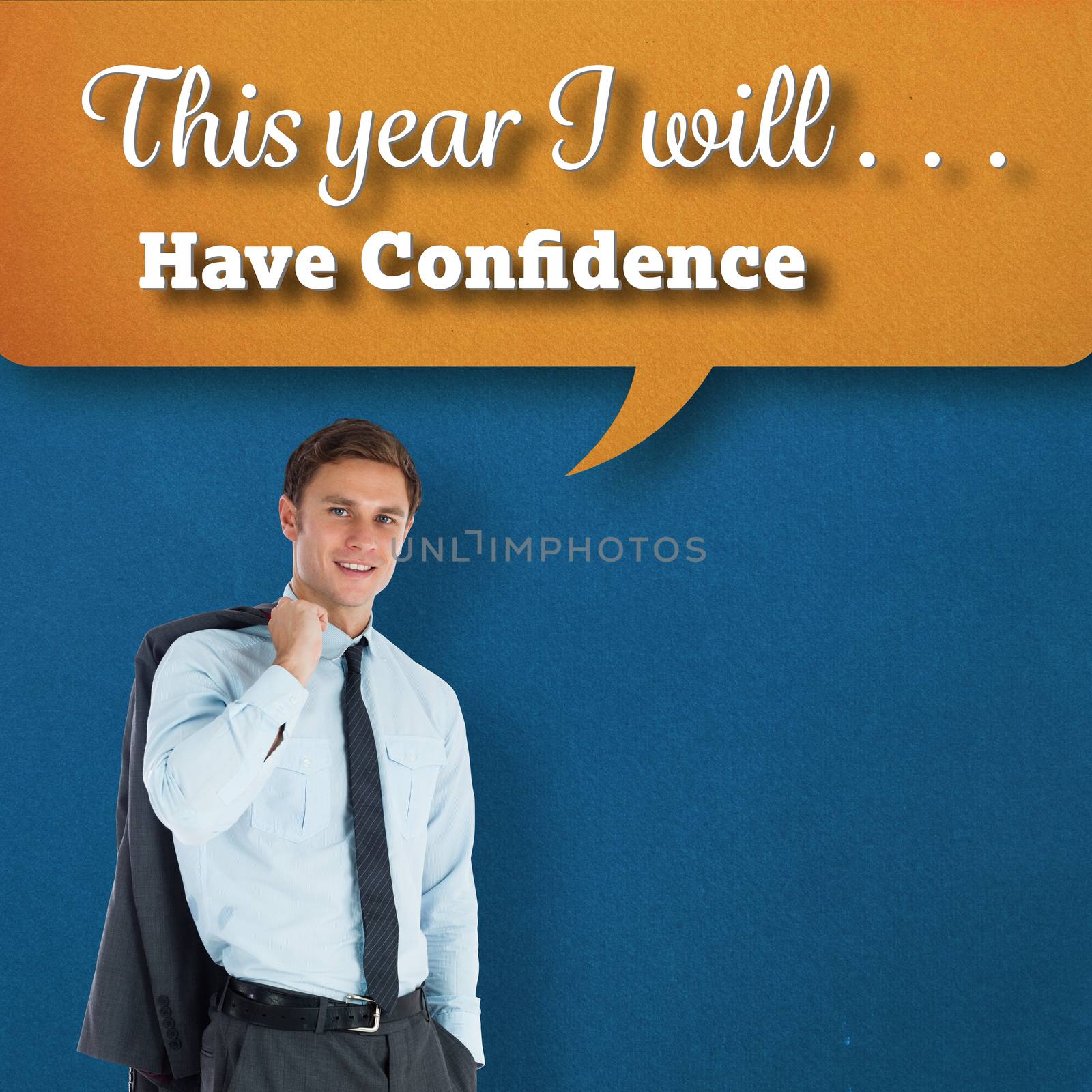 Smiling businessman holding his jacket against purple vignette