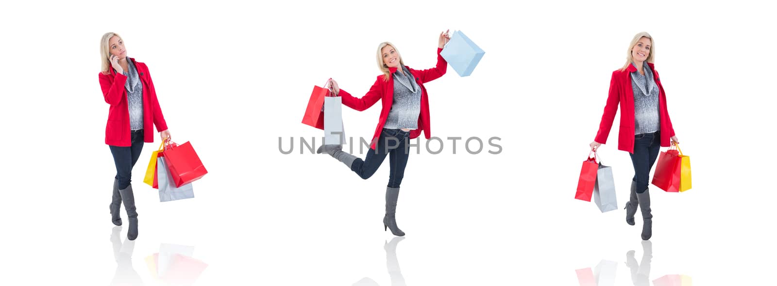 Composite image of happy blonde in winter clothes holding shopping bags