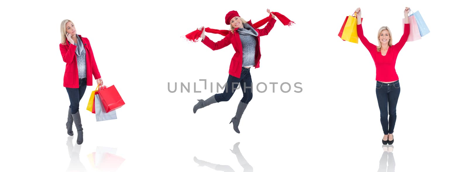 Composite image of happy blonde holding shopping bags