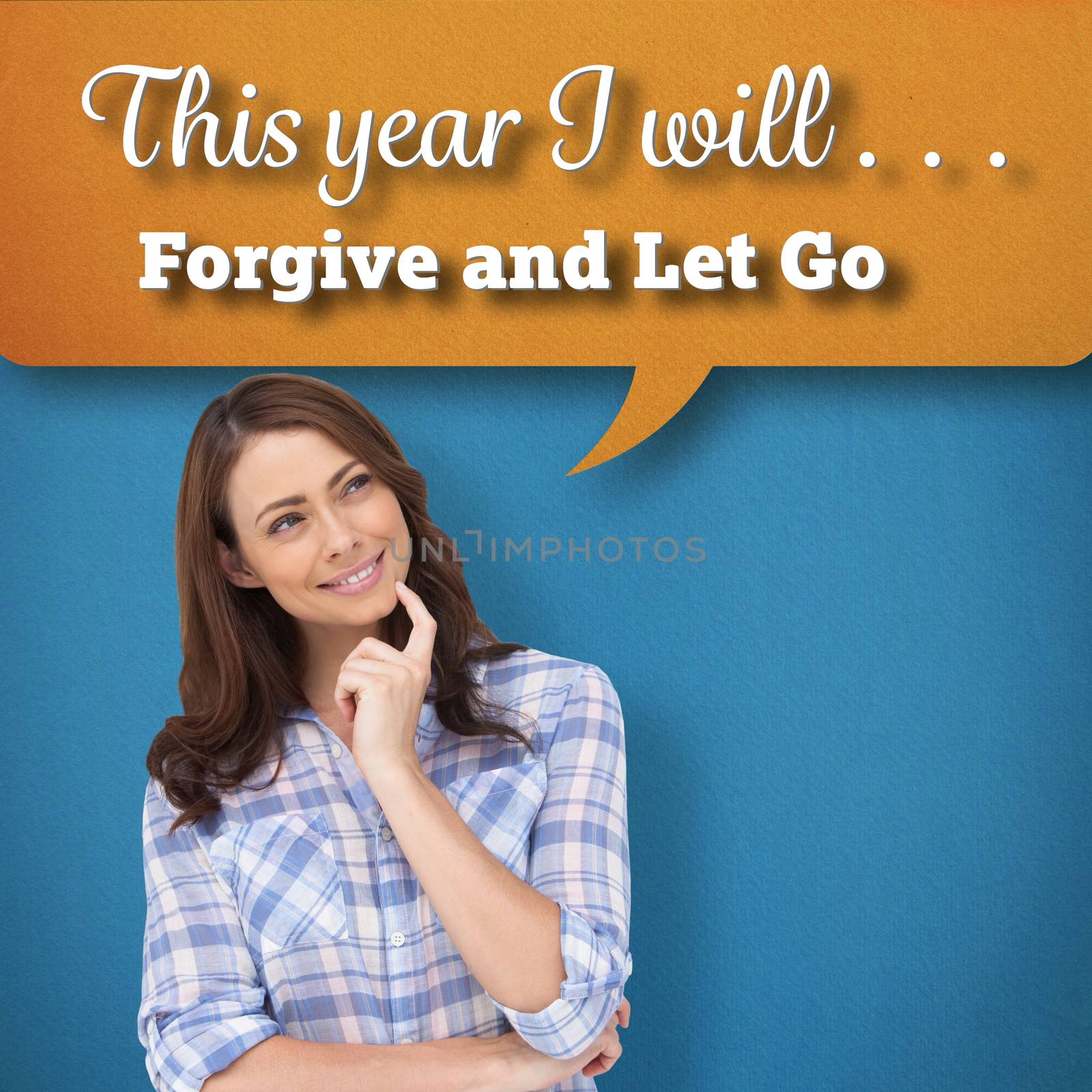 Thoughtful woman placing her finger on her chin against blue background with vignette