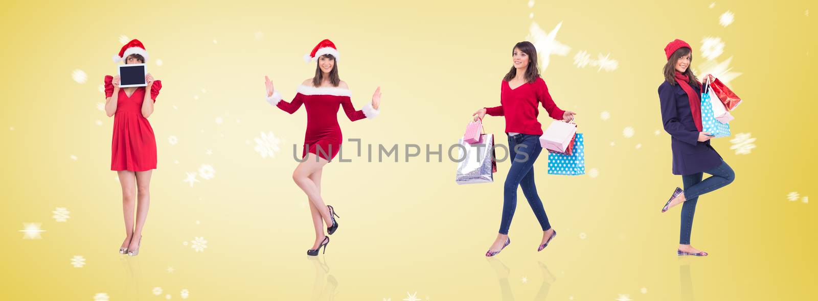 Composite image of happy brunette in winter clothes holding shopping bags by Wavebreakmedia