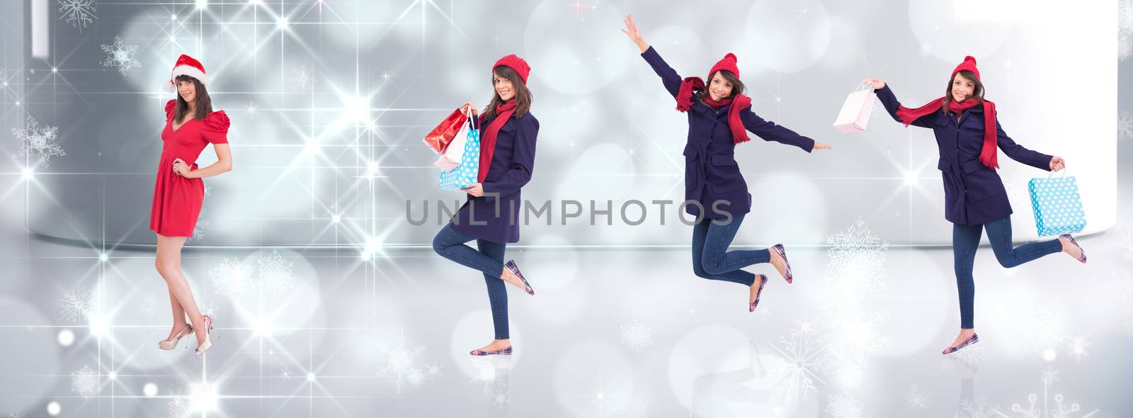 Happy brunette in winter clothes holding shopping bags against lights twinkling in modern room