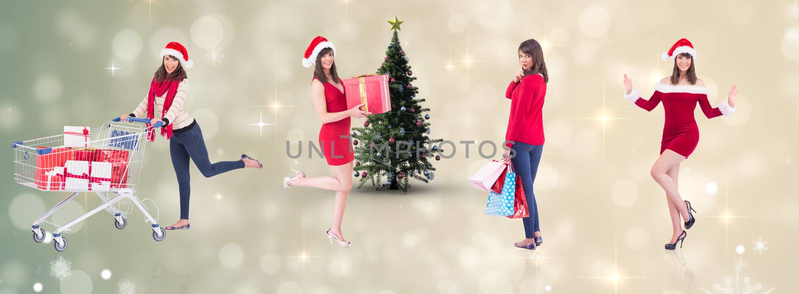 Festive brunette holding gift bags against light design shimmering on silver