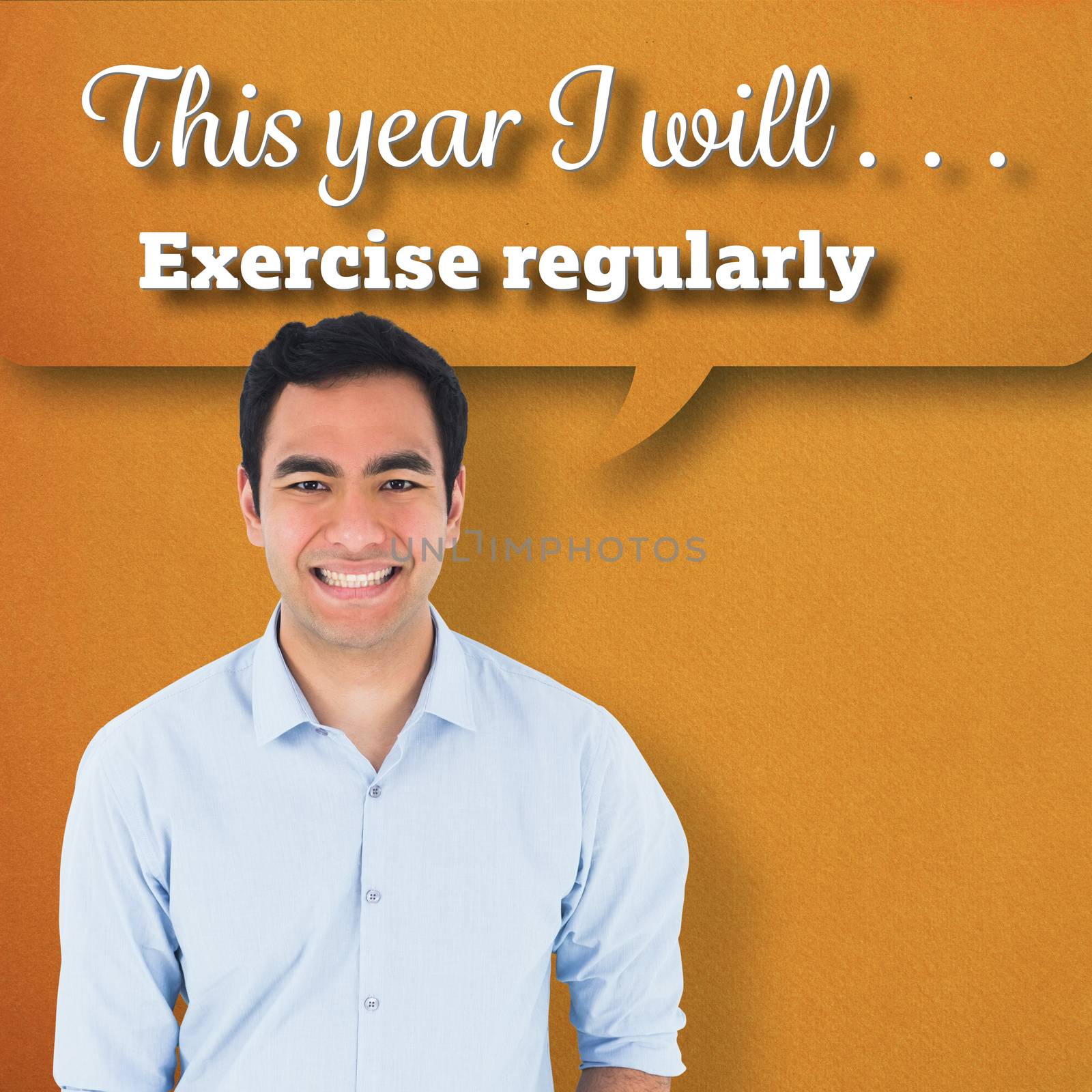 Smiling casual man standing against yellow background with vignette