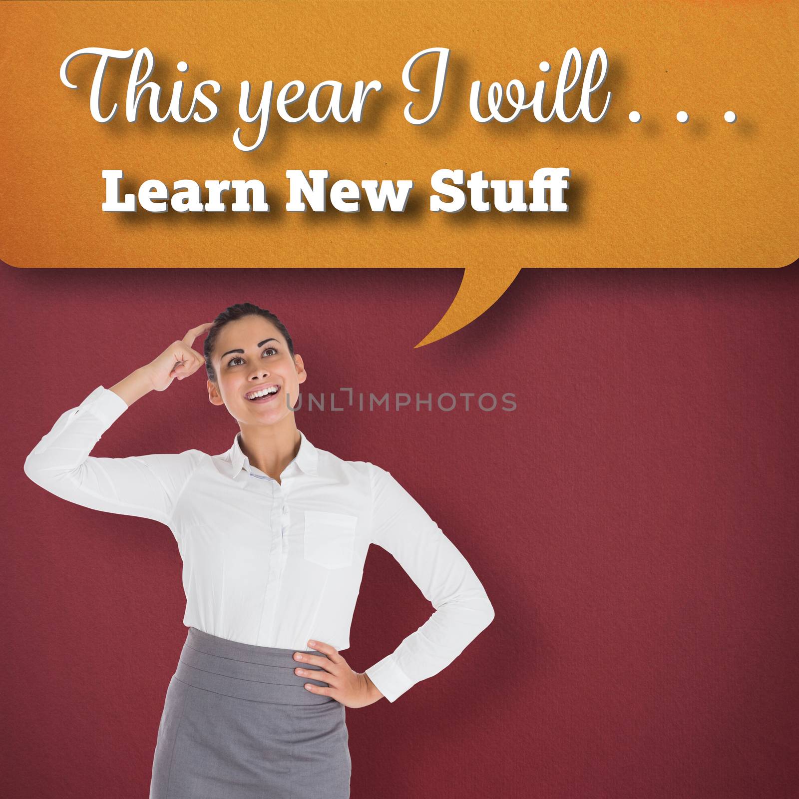 Smiling thoughtful businesswoman against red background