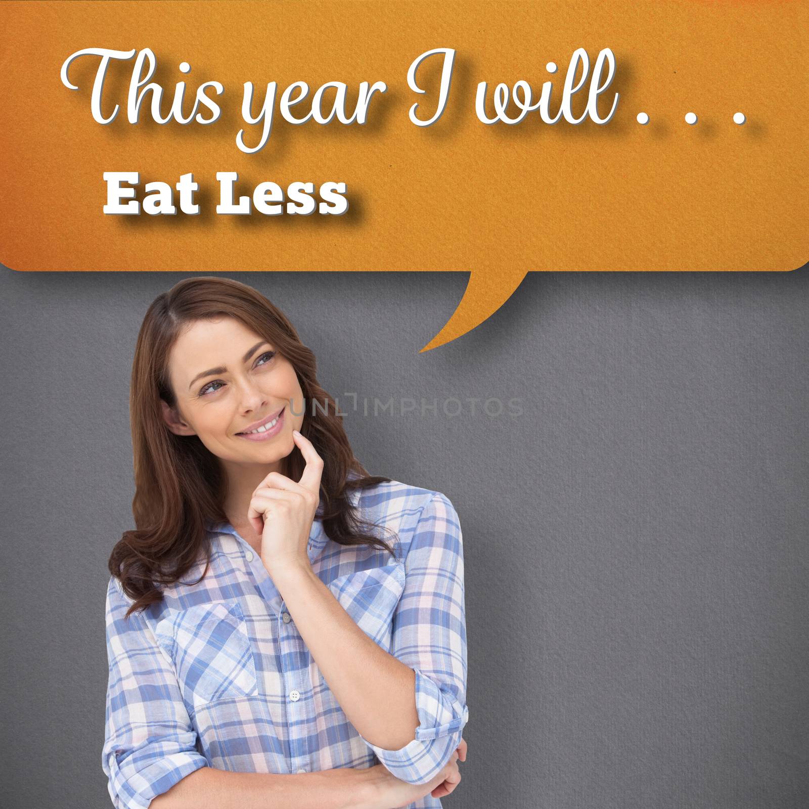 Composite image of thoughtful woman placing her finger on her chin by Wavebreakmedia