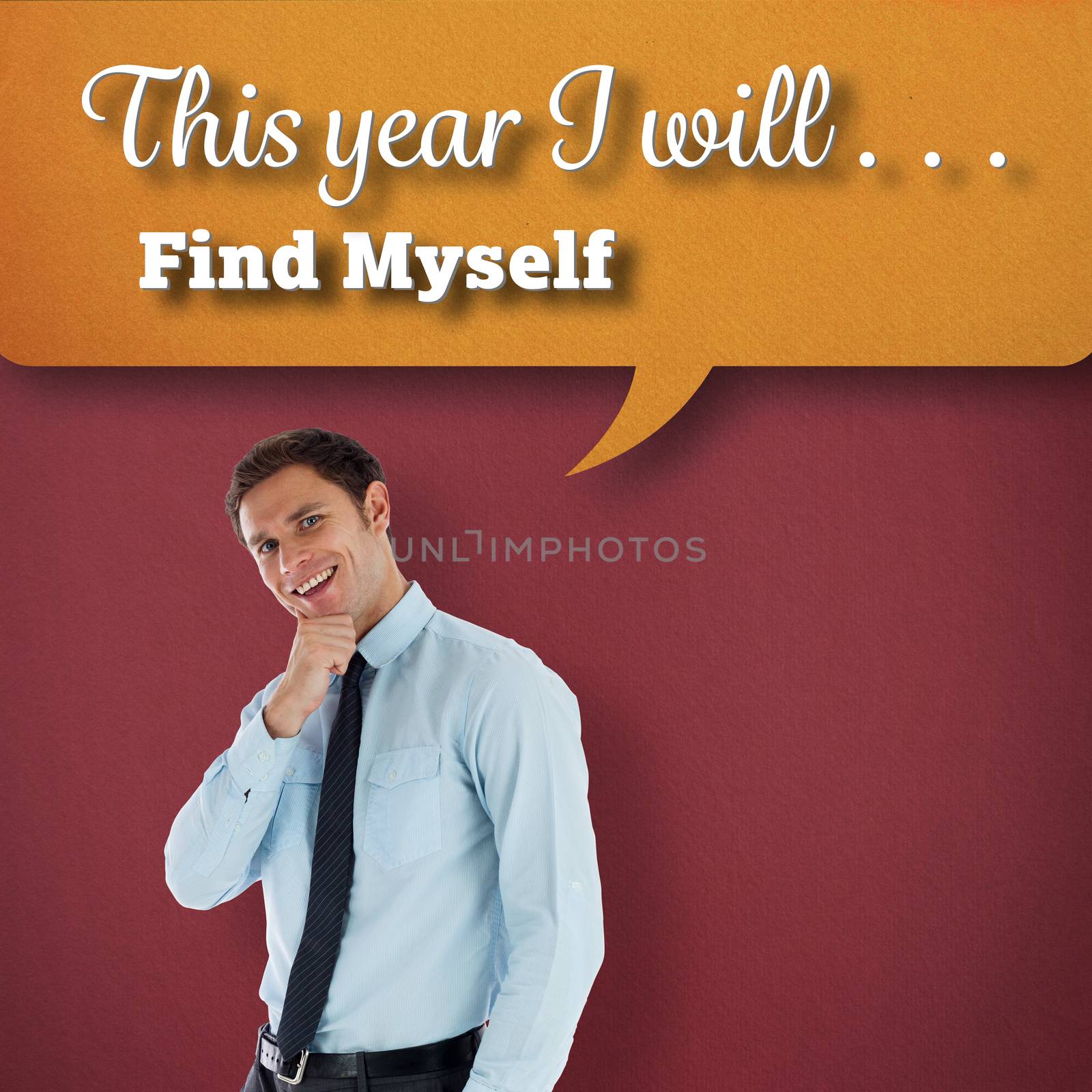 Thoughtful businessman with hand on chin against red background