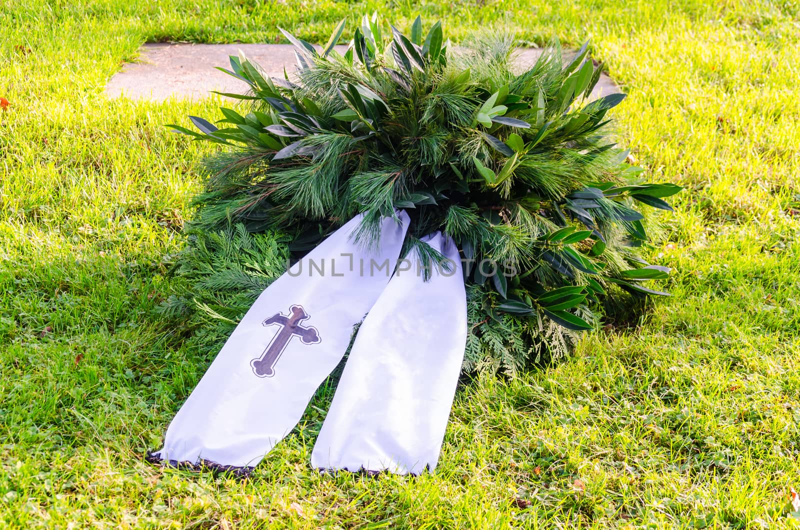 Wreath with banner and cross. Banners with copy space.