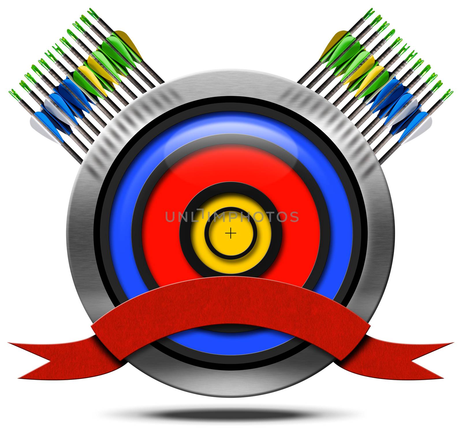 Archery icon with blue, red and yellow target, a set of arrows, empty red ribbon, isolated on white background