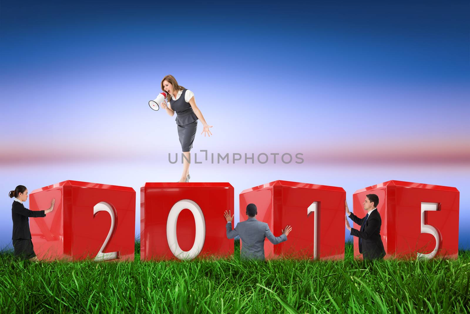 Composite image of businesswoman shouting through megaphone by Wavebreakmedia