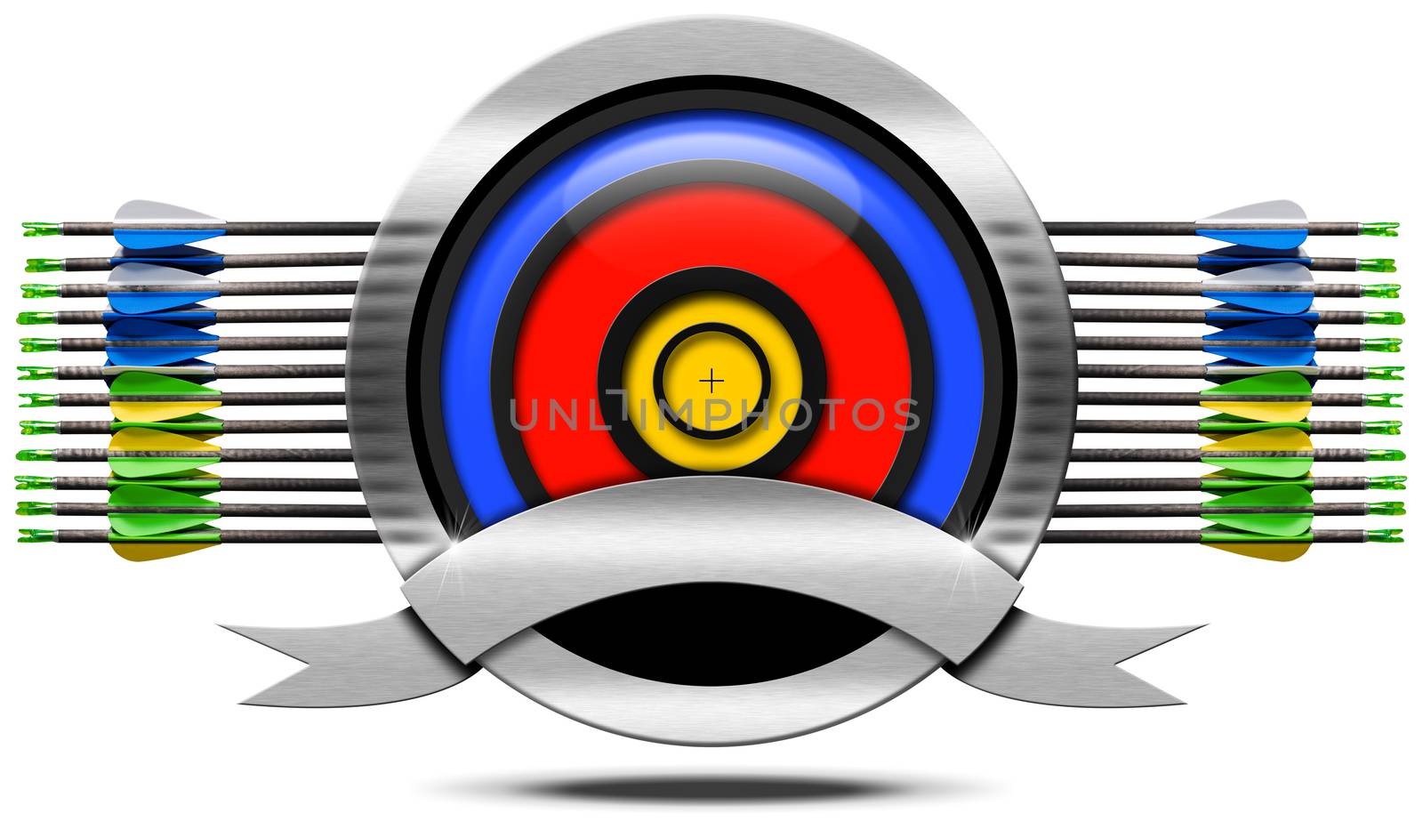 Archery icon with blue, red and yellow target, a set of arrows, empty metallic ribbon, isolated on white background
