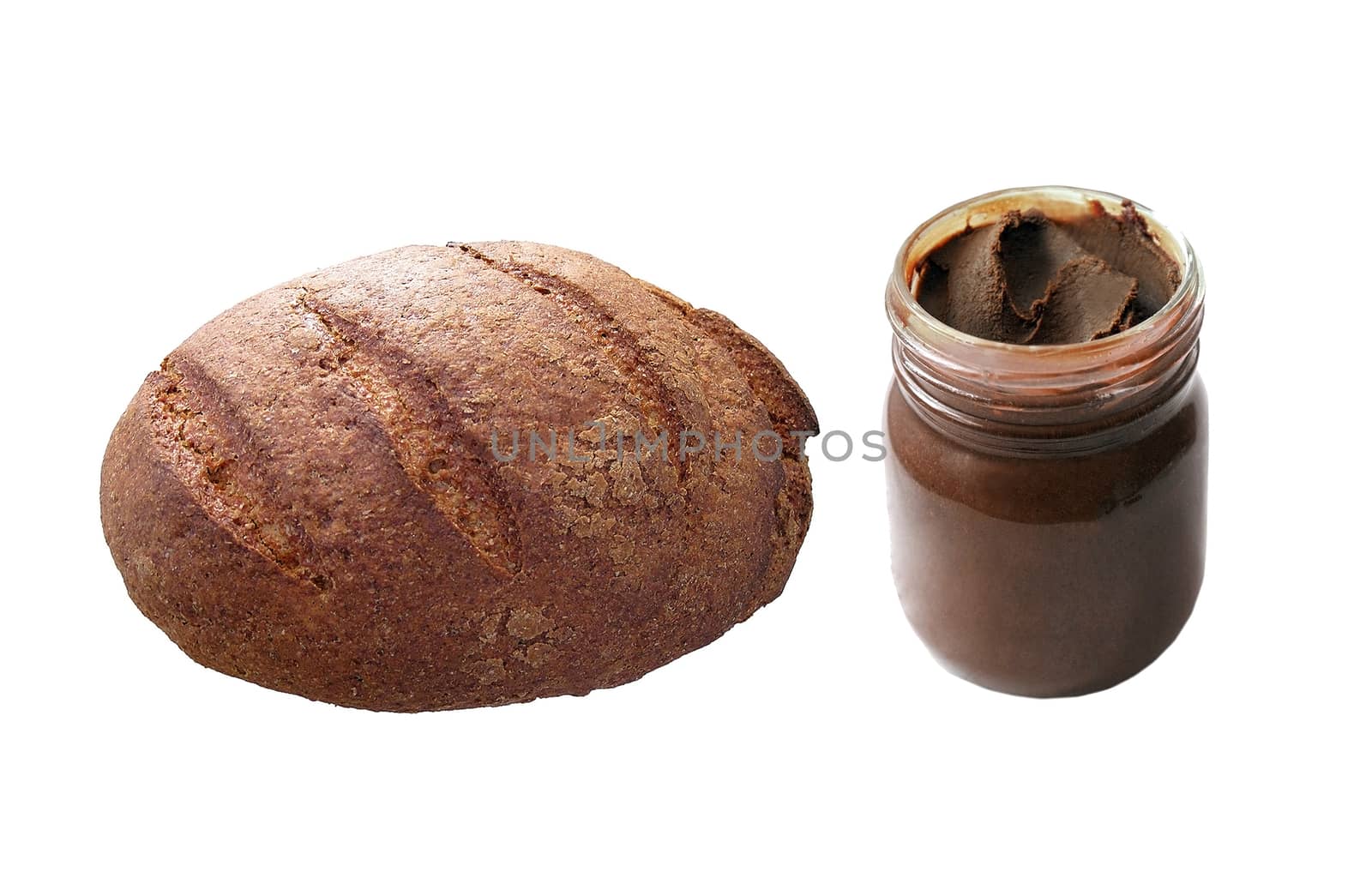 Bread with chocolate butter on white background