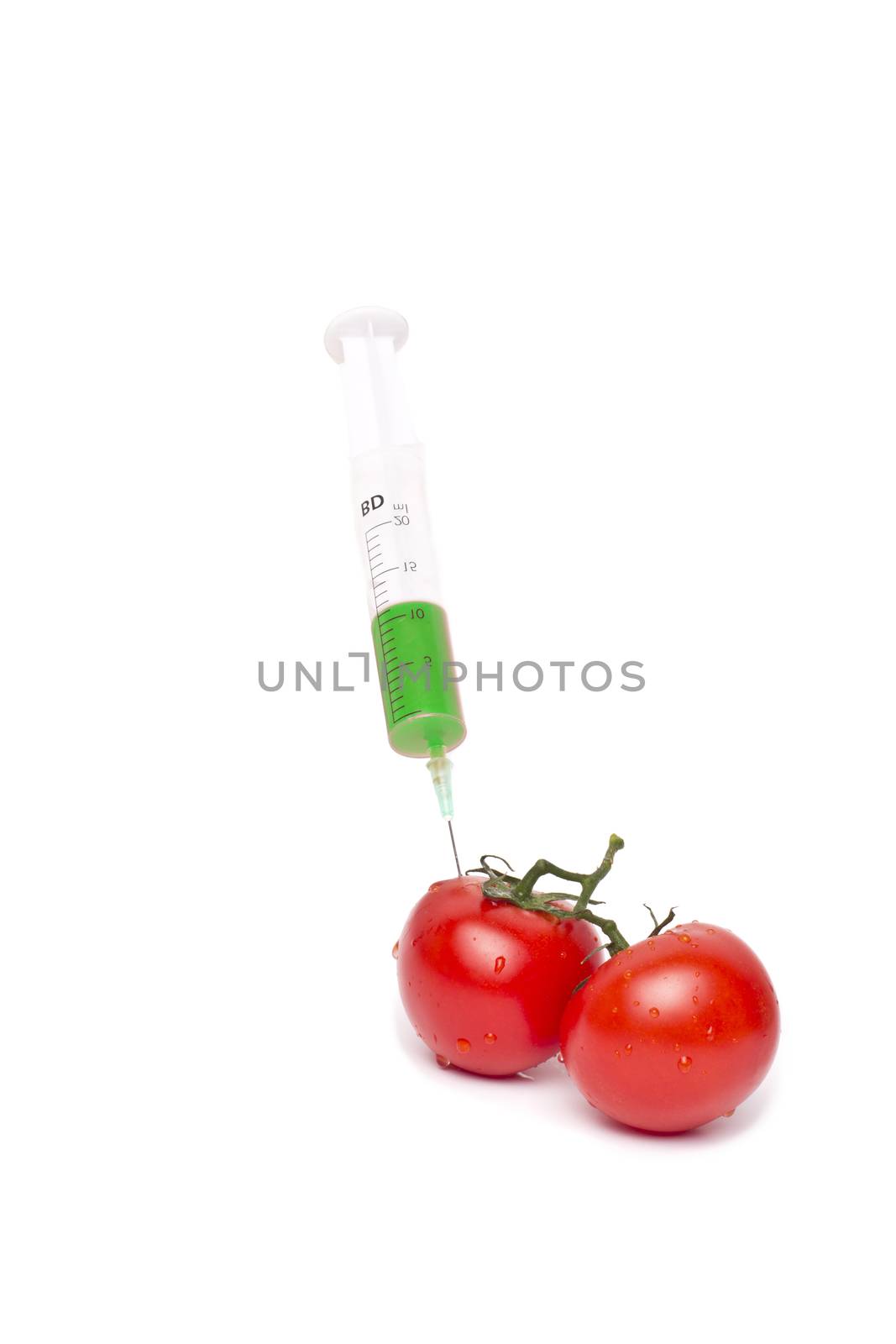 Gmo product concept: Tomato injection isolated