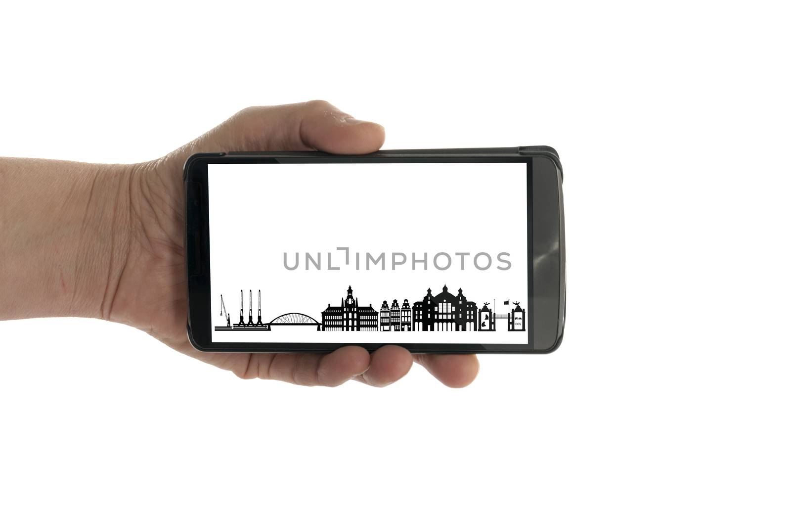 female hand with mobile phone Antwerp skyline by compuinfoto