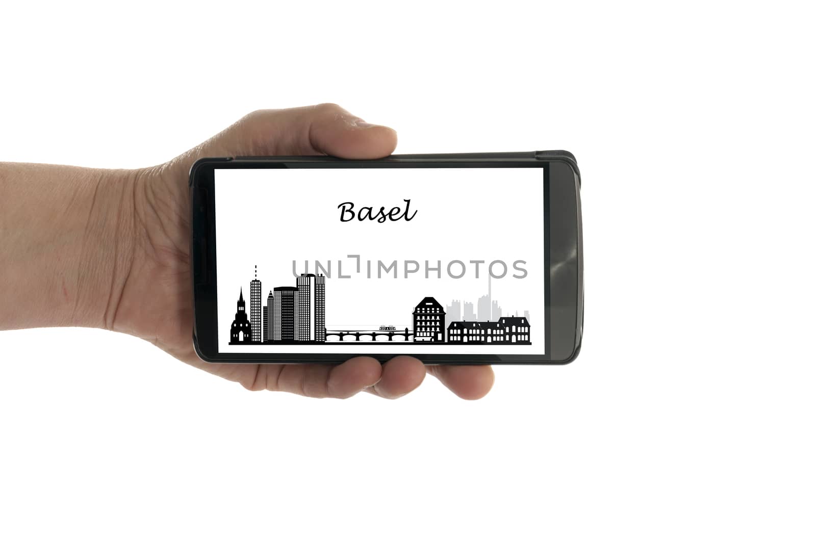 female hand with mobile phone Basel skyline by compuinfoto