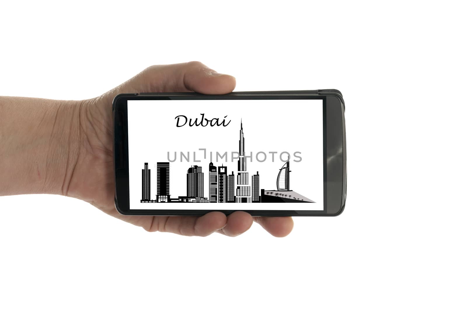 female hand with mobile phone Dubai skyline by compuinfoto