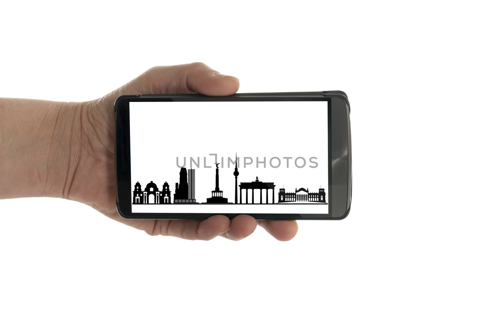 female hand with mobile phone Berlin skyline by compuinfoto