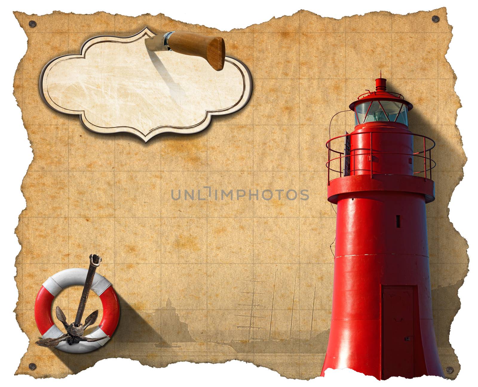 Brown parchment with a red lighthouse, lifebuoy, sailing ship, rusty anchor and empty label with pen knife. Concept of adventurous Journeys 