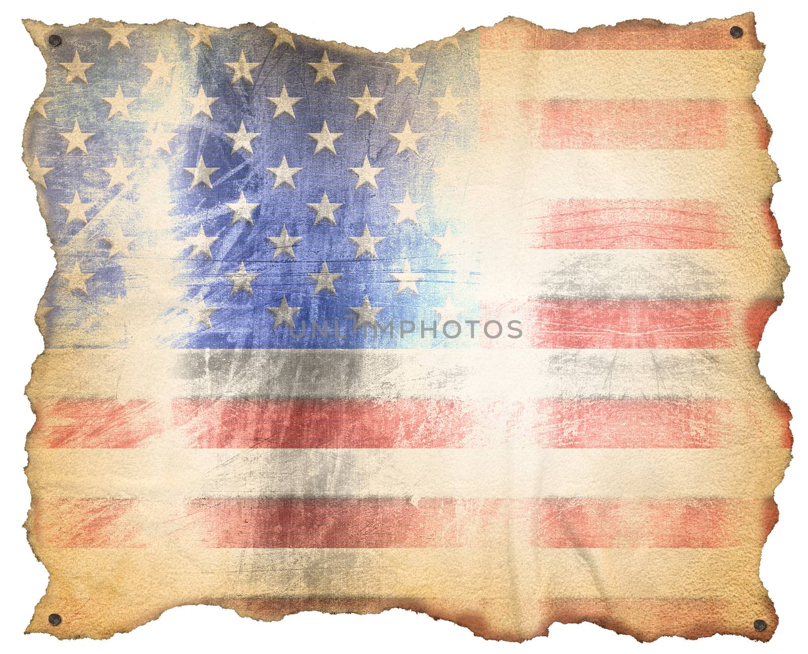 Weathered American flag on a old brown parchment with nails. Isolated on white background