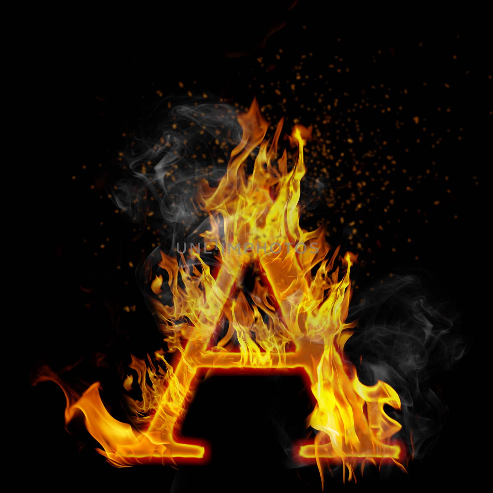 A as a fire letter isolated on a black