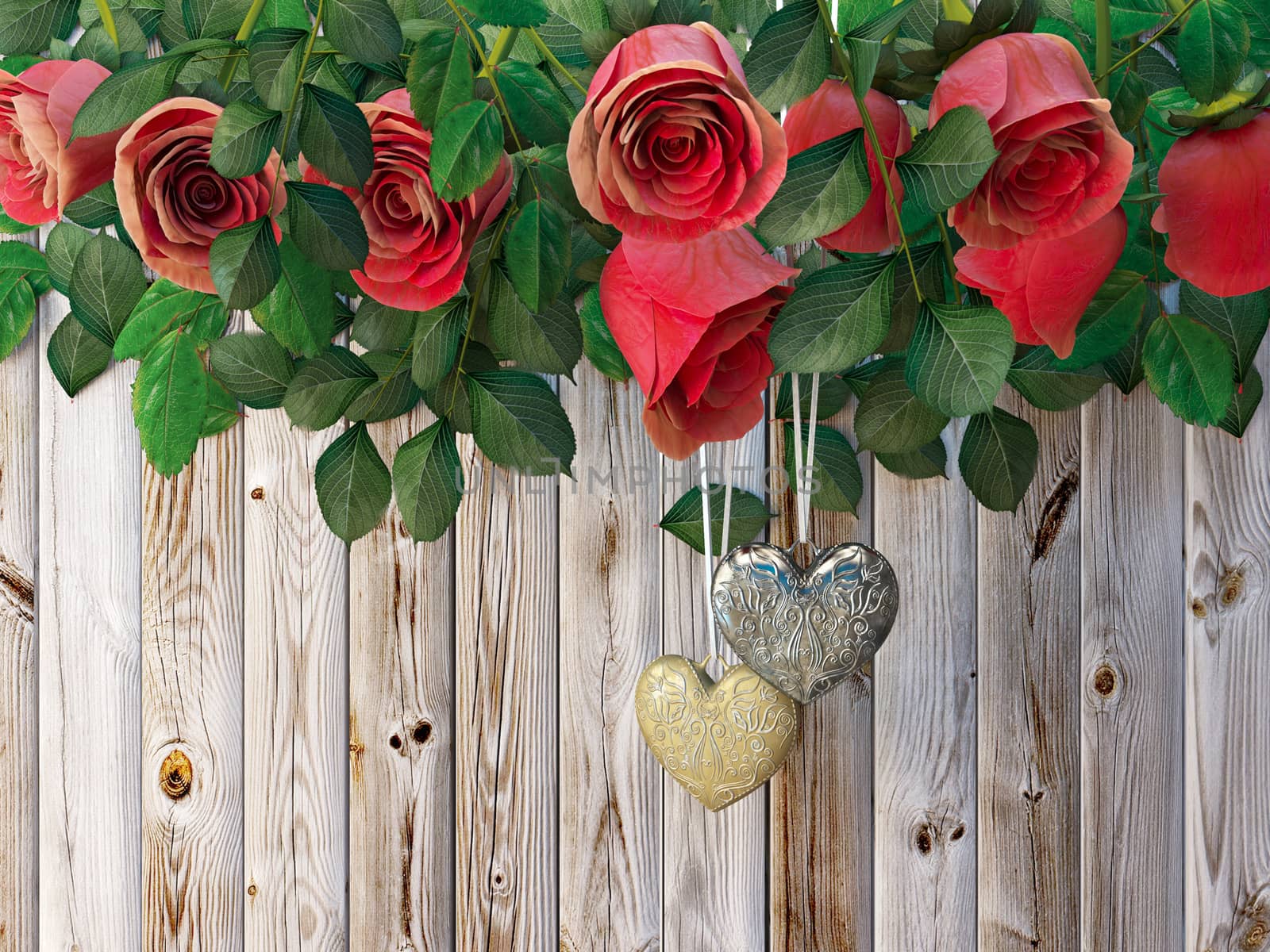 Roses and a hearts on wooden board, Valentines Day background, wedding day holiday background by denisgo