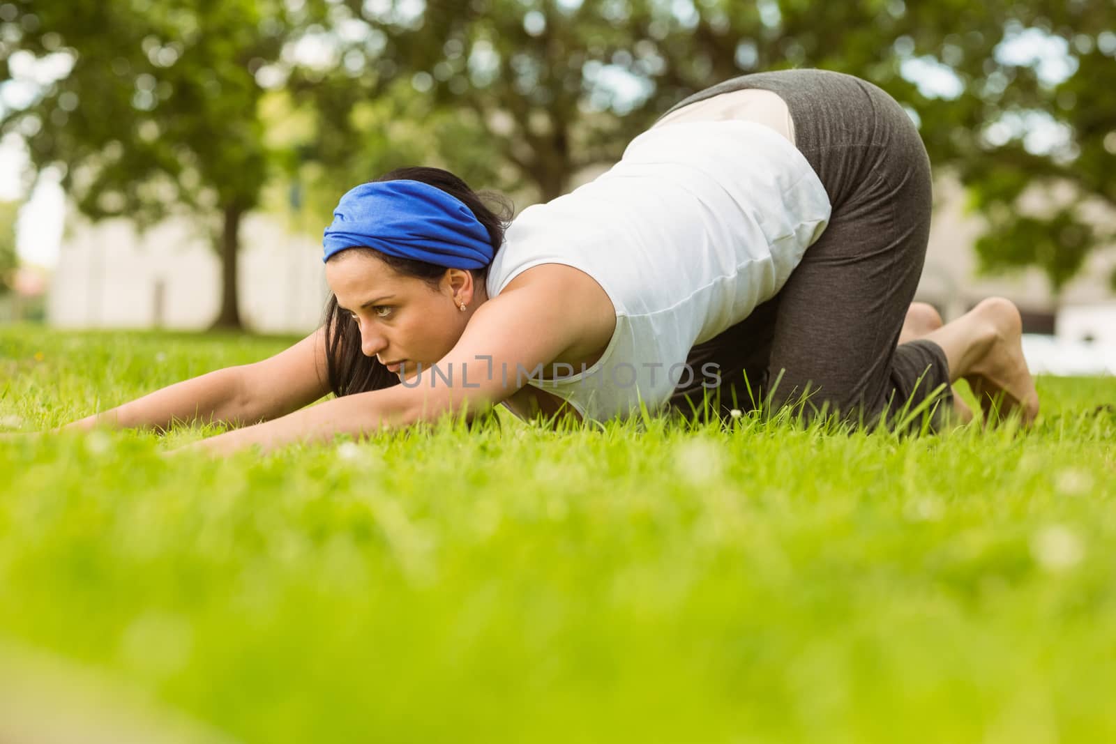 Calm brunette doing yoga on grass in the park