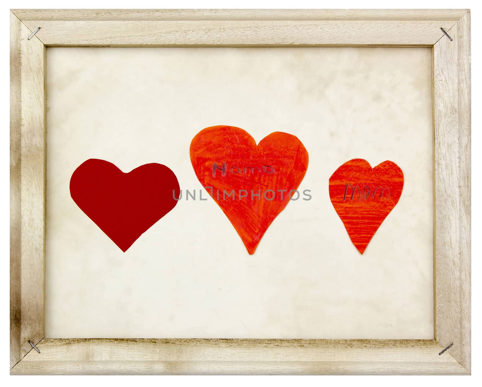 three hearts in old picture frame  by miradrozdowski