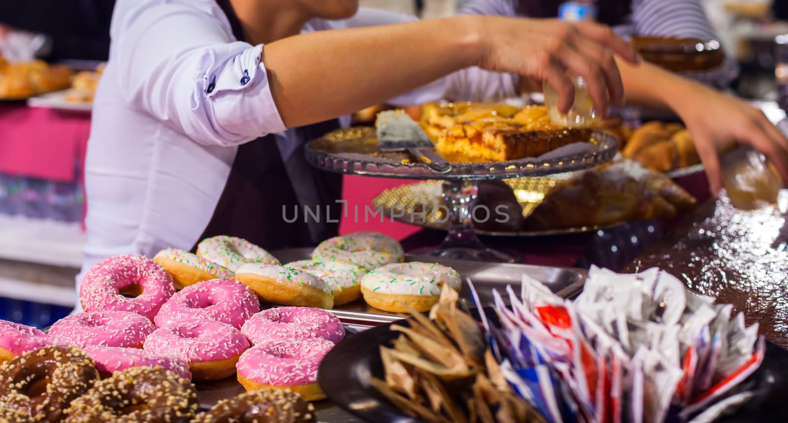 View of delicious pastry in the counter bar