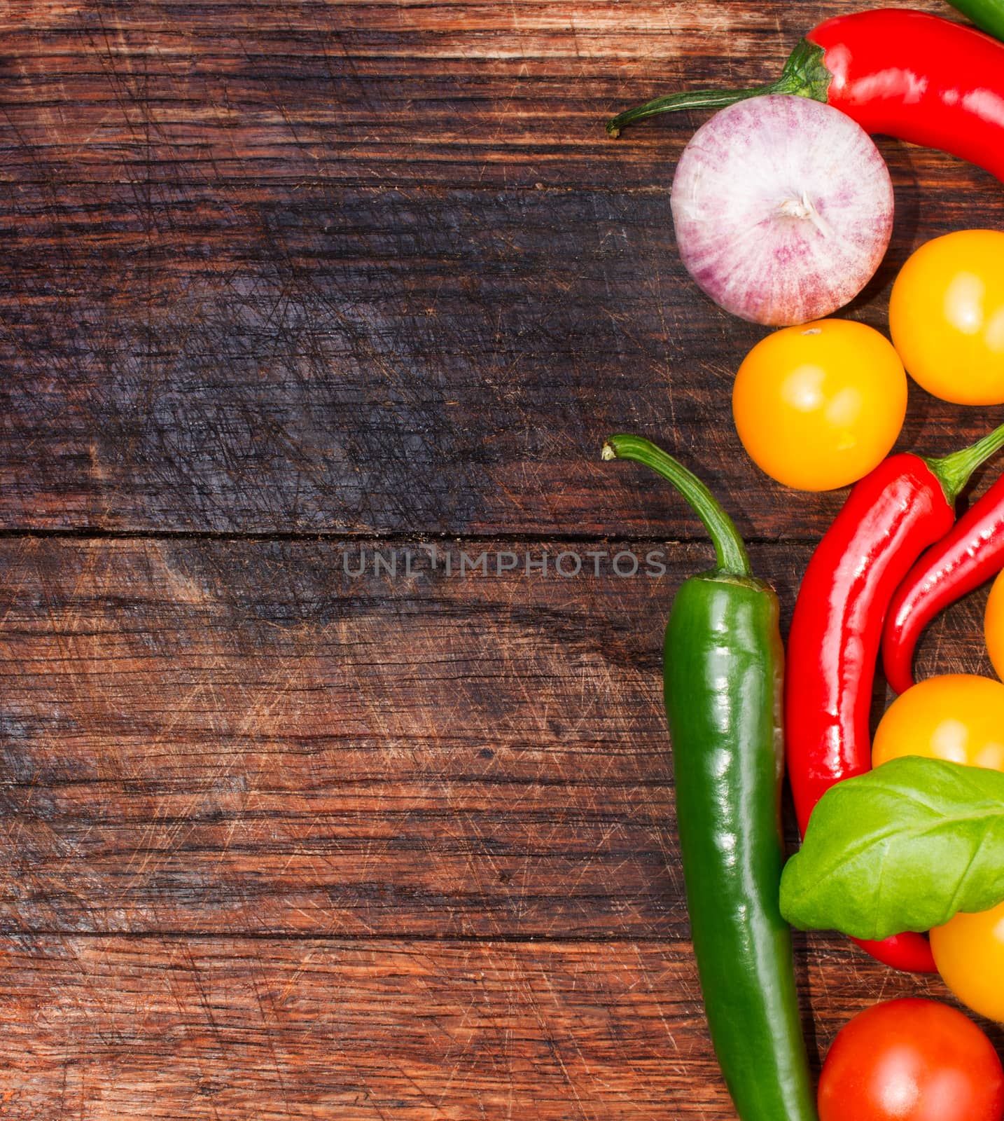 Food ingredients on the table closeup shot with copy space by Nanisimova