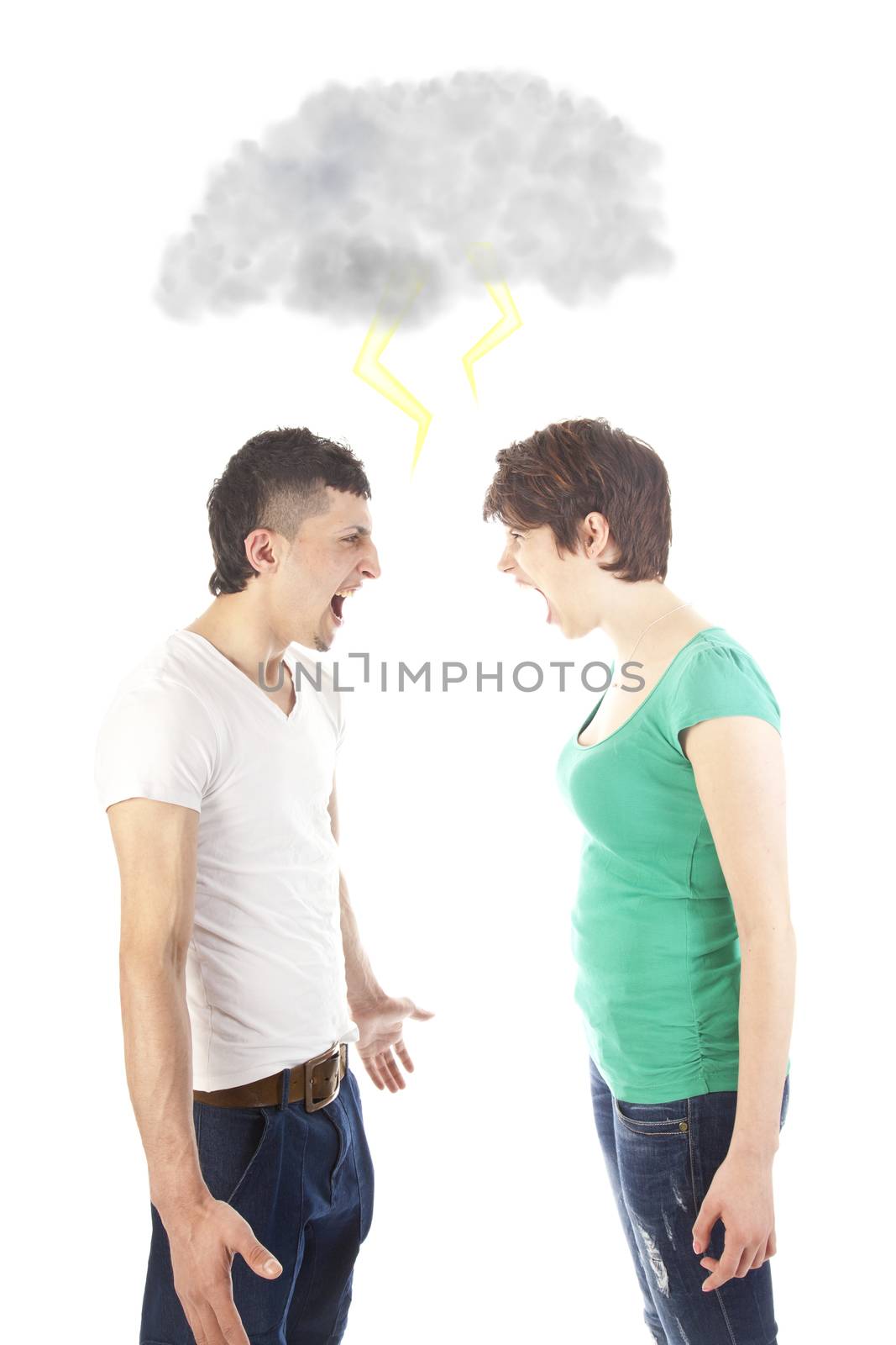 Young couple fighting with dark cloud and thunder isolated on white background