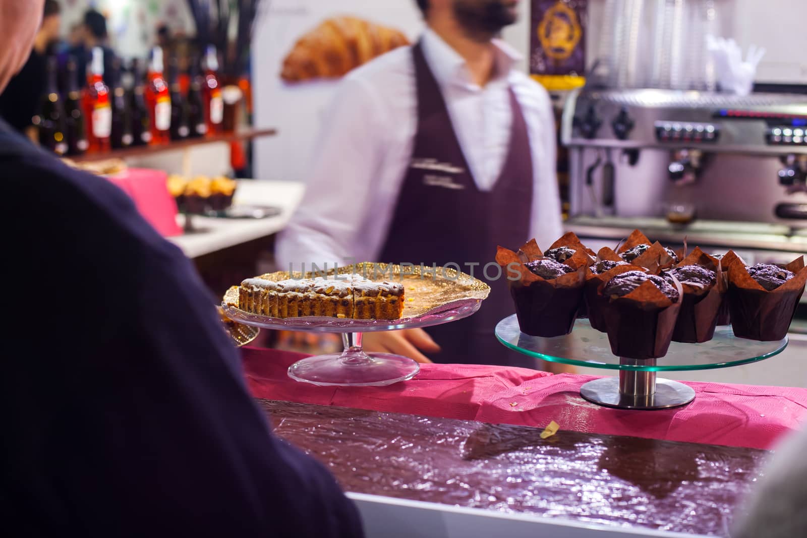 View of delicious pastry in the counter bar