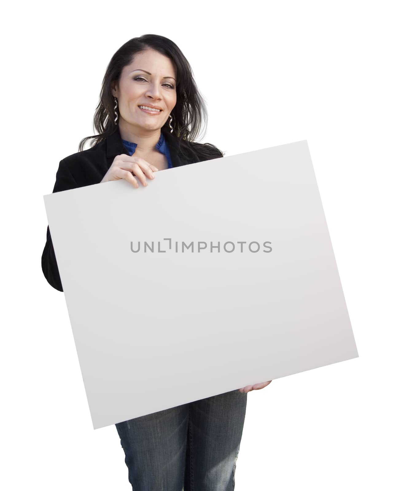 Smiling Hispanic Woman Holding Blank Sign Isolated On White.