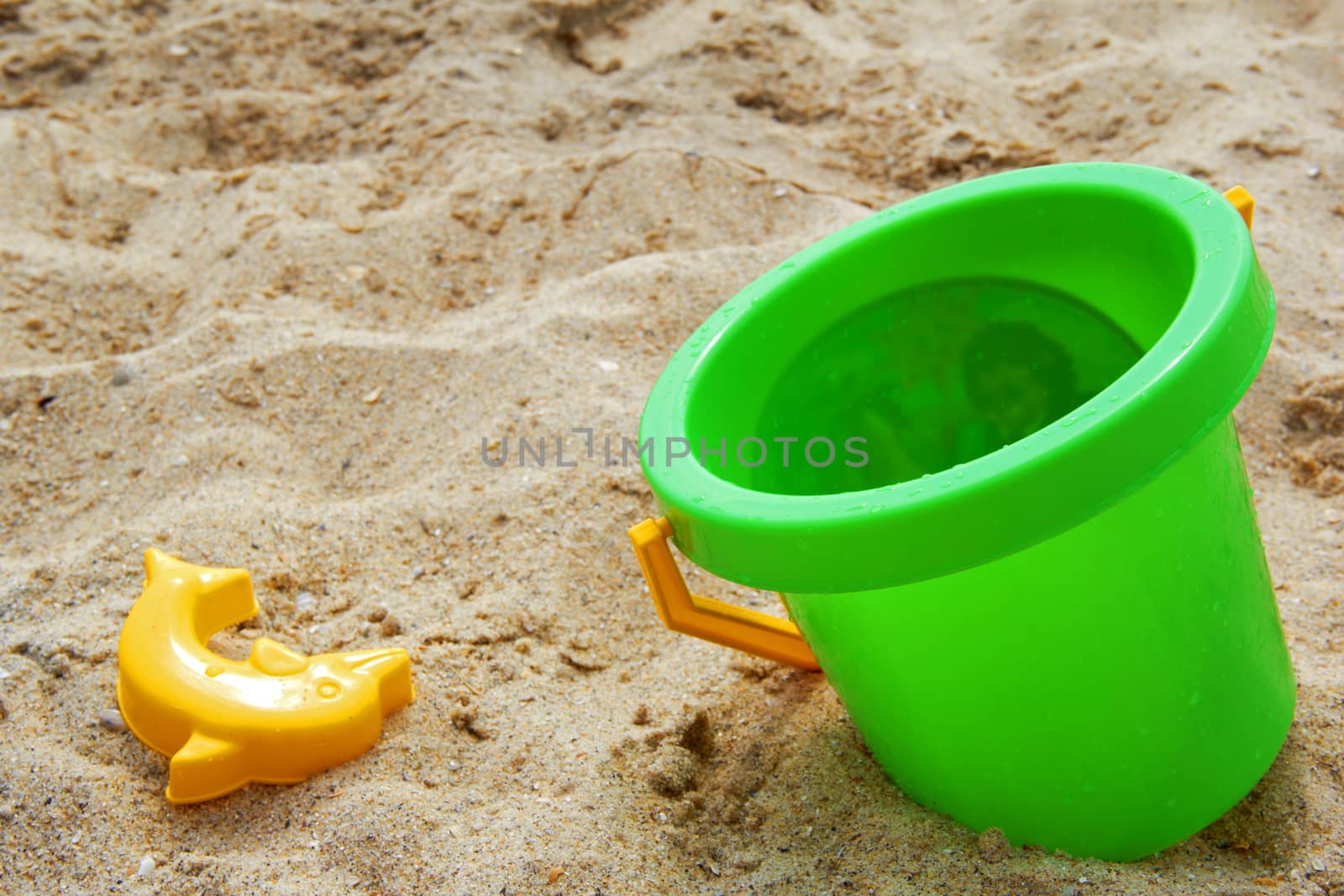 on the sea beach with big green pail