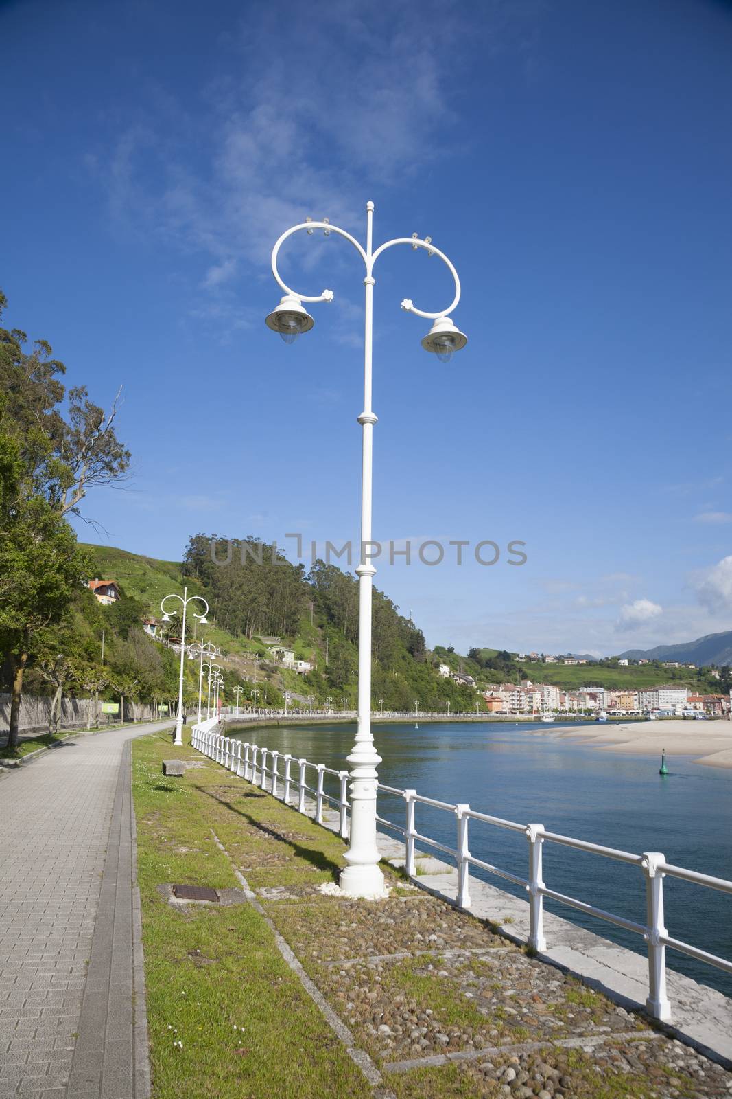 classic lamppost in Ribadesella city waterfront next to Sella River Asturias Spain Europe