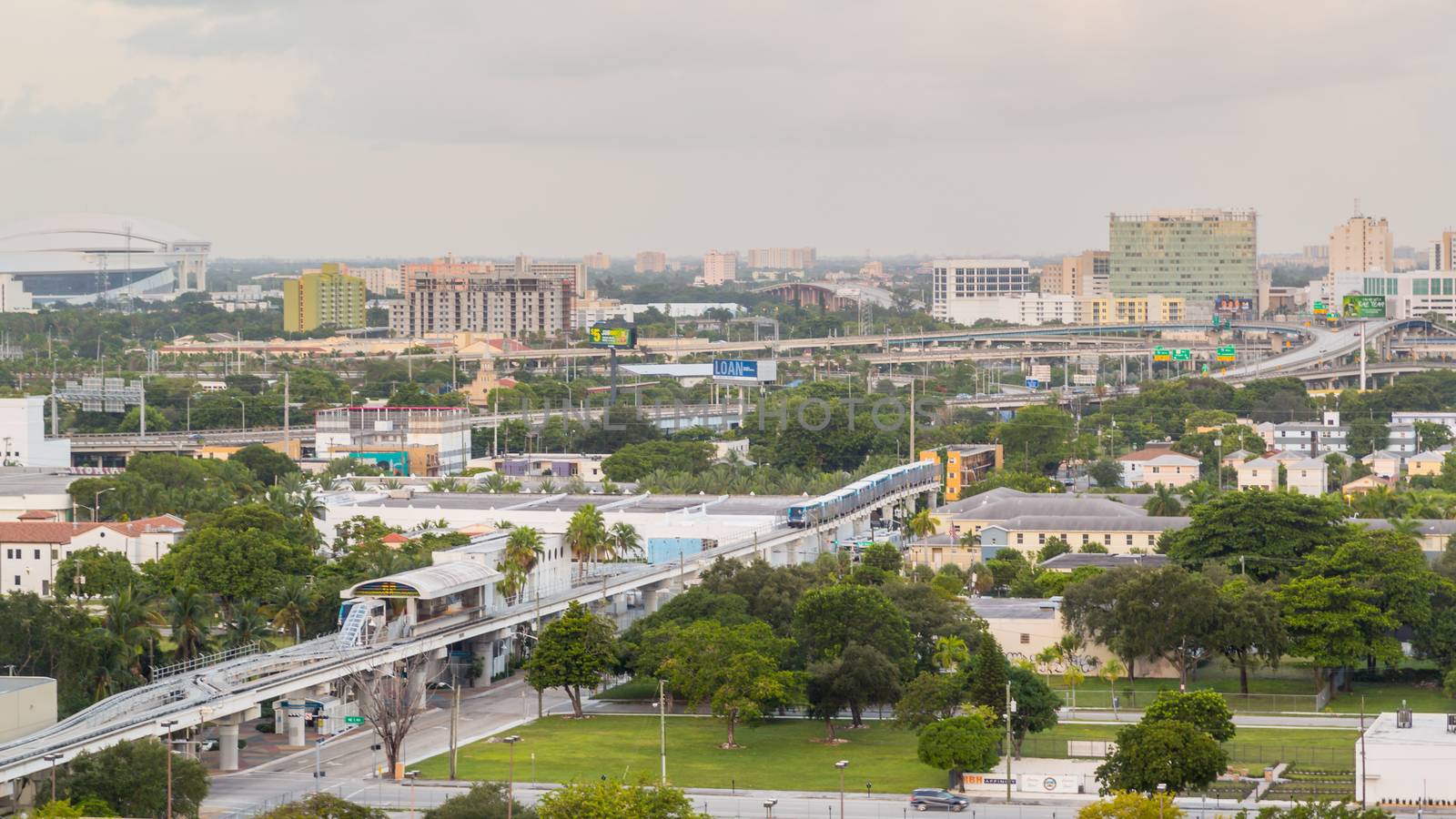 Aerial view of the downtown area of Miami, Florida, showing the colorful skyscrapers and densely packed buildings