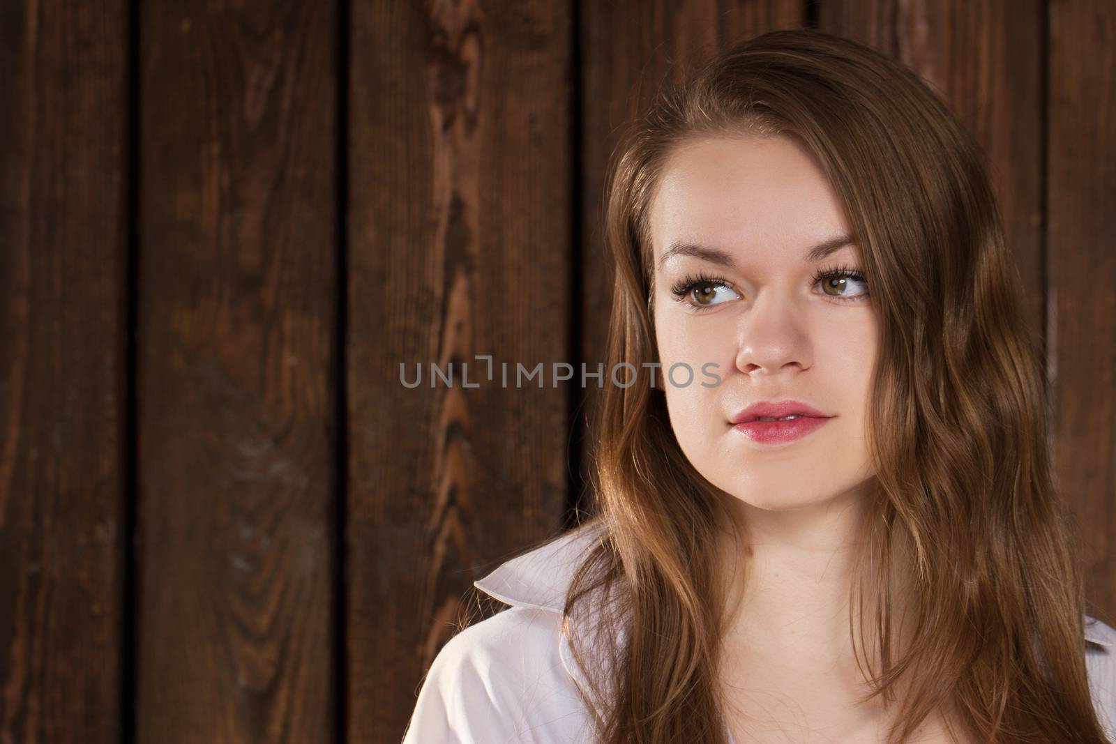 Portrait of a girl on a background of a wooden wall