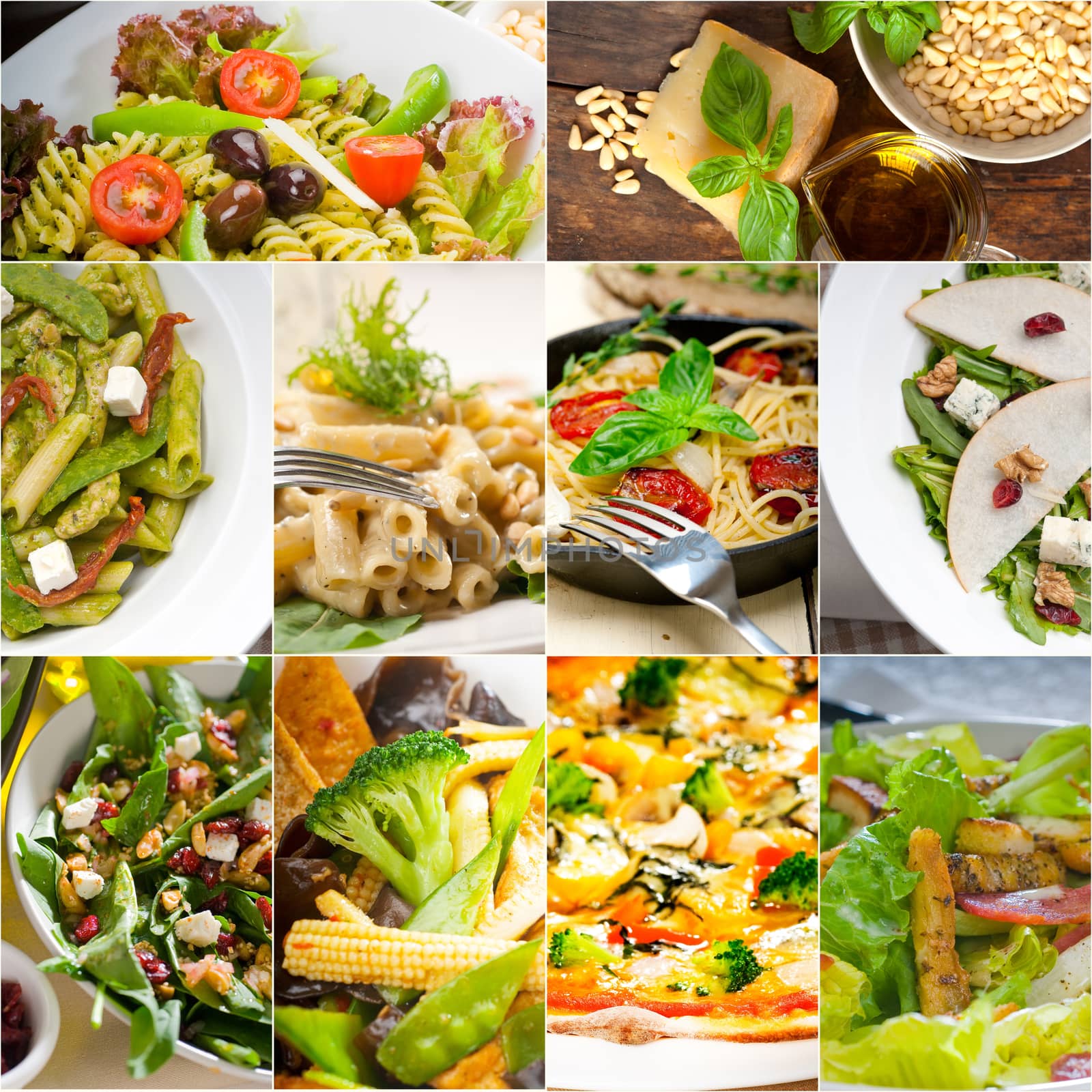 healthy vegetarian pasta soup salad pizza Italian food staples collage