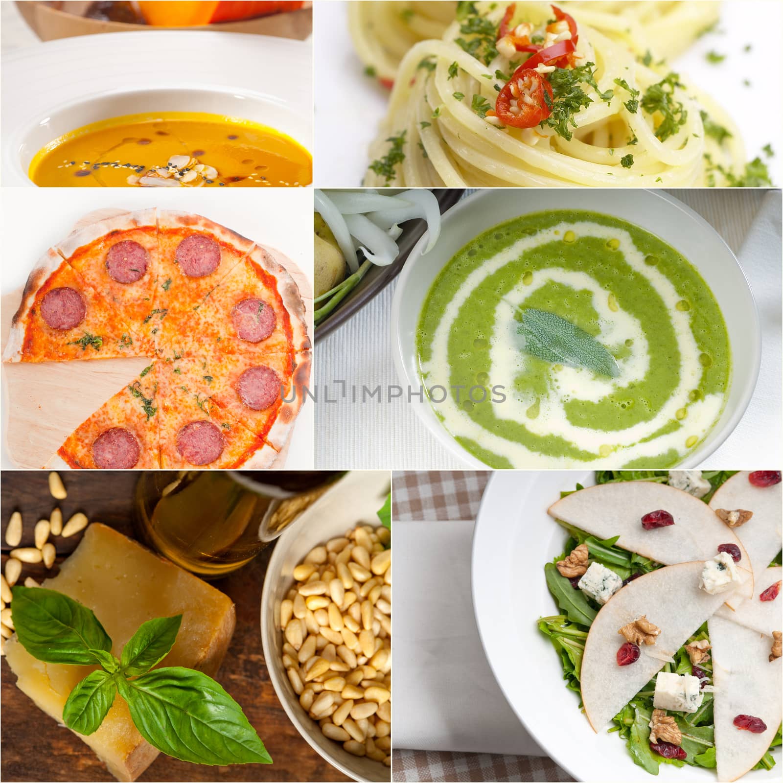 healthy vegetarian pasta soup salad pizza Italian food staples collage