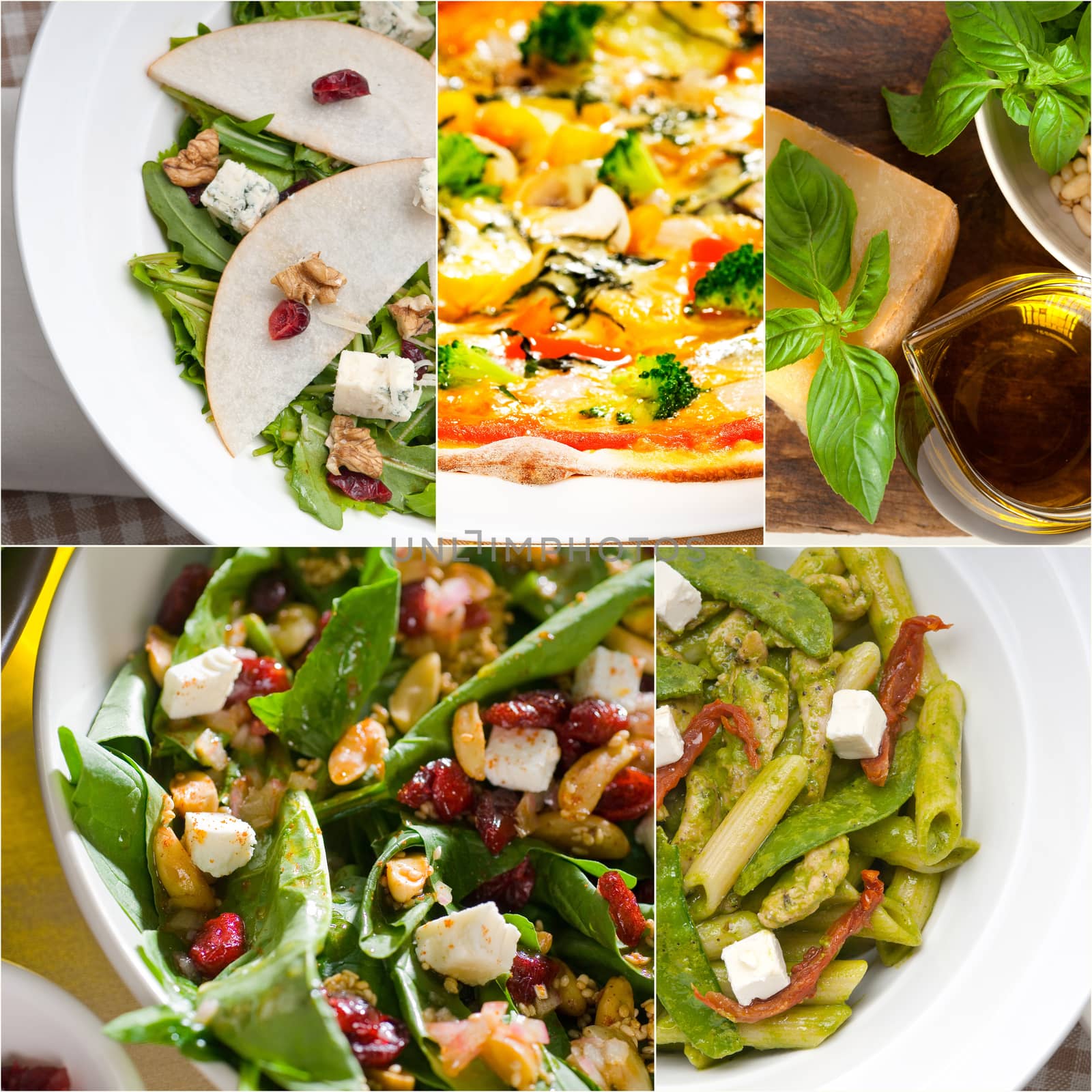 healthy vegetarian pasta soup salad pizza Italian food staples collage