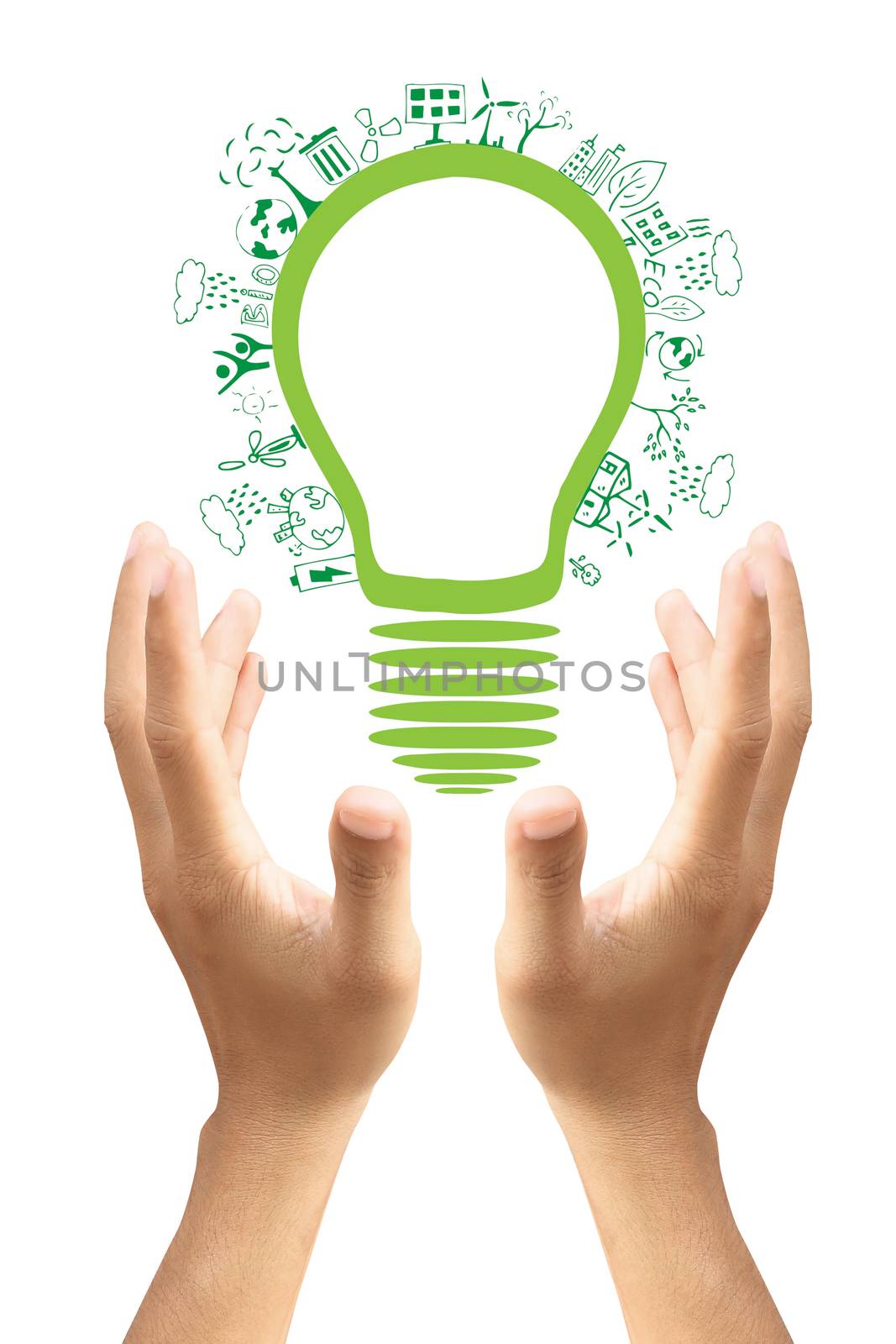 Hands holding green ecology light bulb by rufous