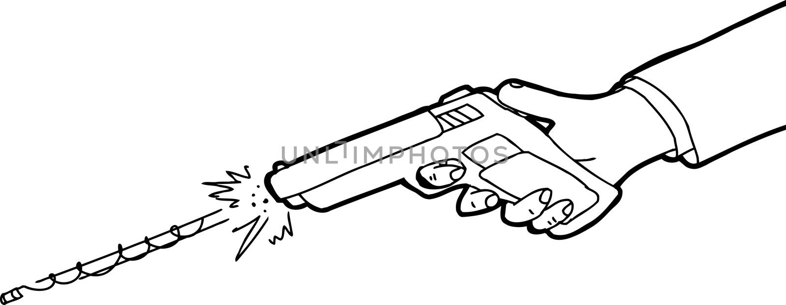 Outlined cartoon of hand firing pistol over white background