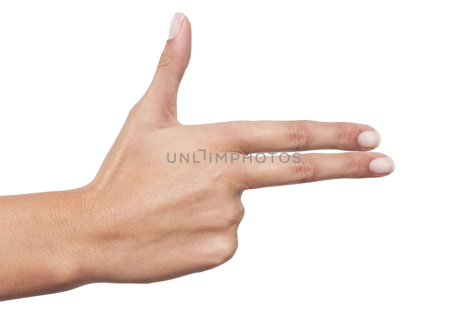 female hand making a shooting gesture, isolated on white