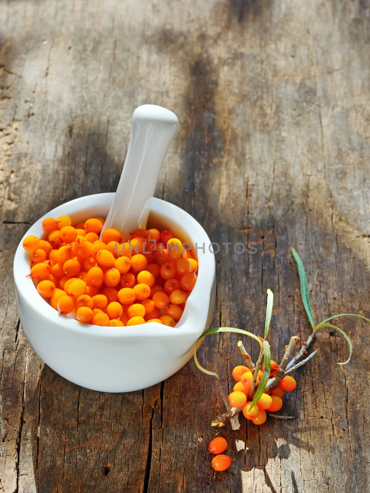 Seabuckthorn Berries in a Bowl with Leaves