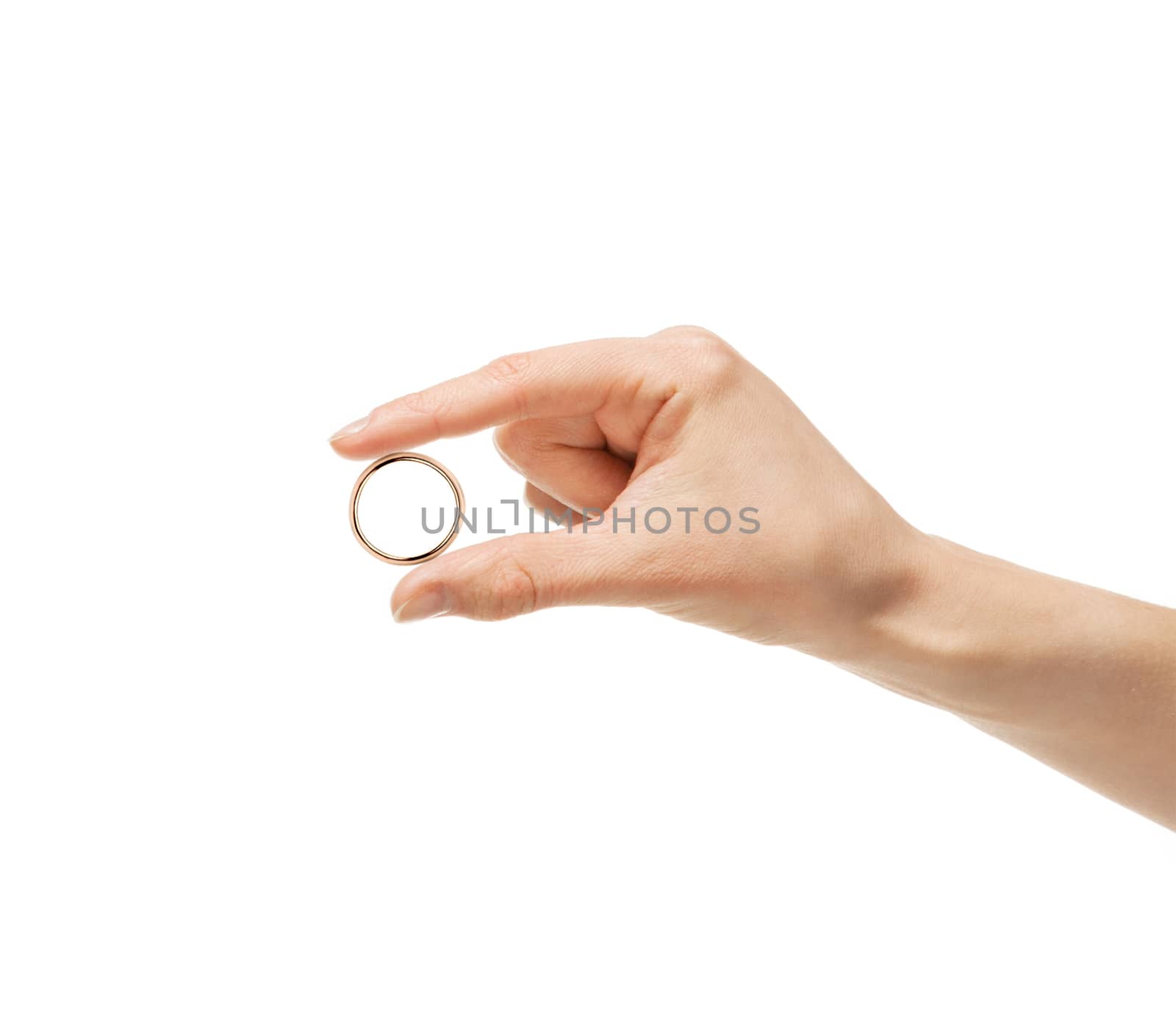 Man holding a golden ring, isolated on white 