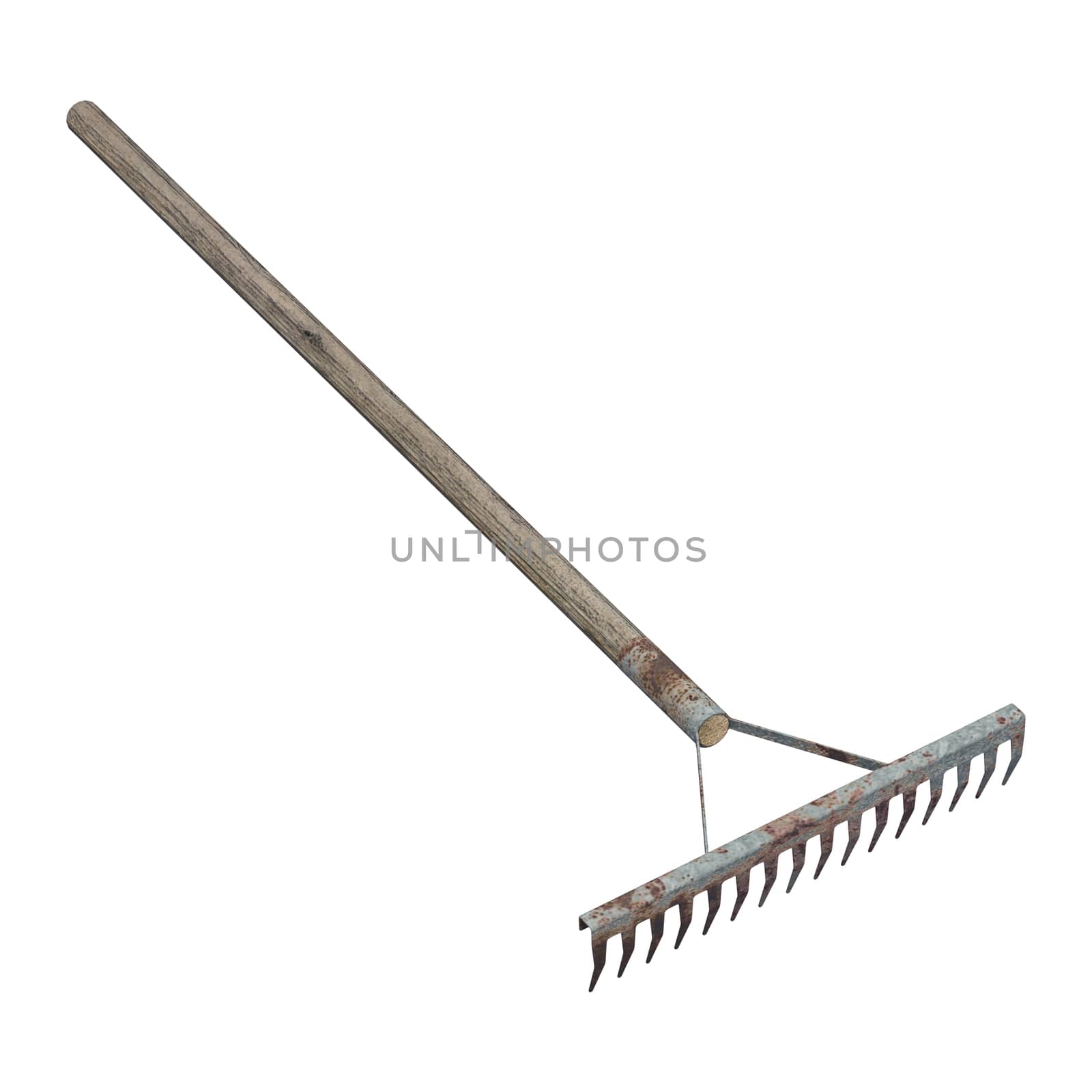 3D digital render of an old iron rake isolated on white background