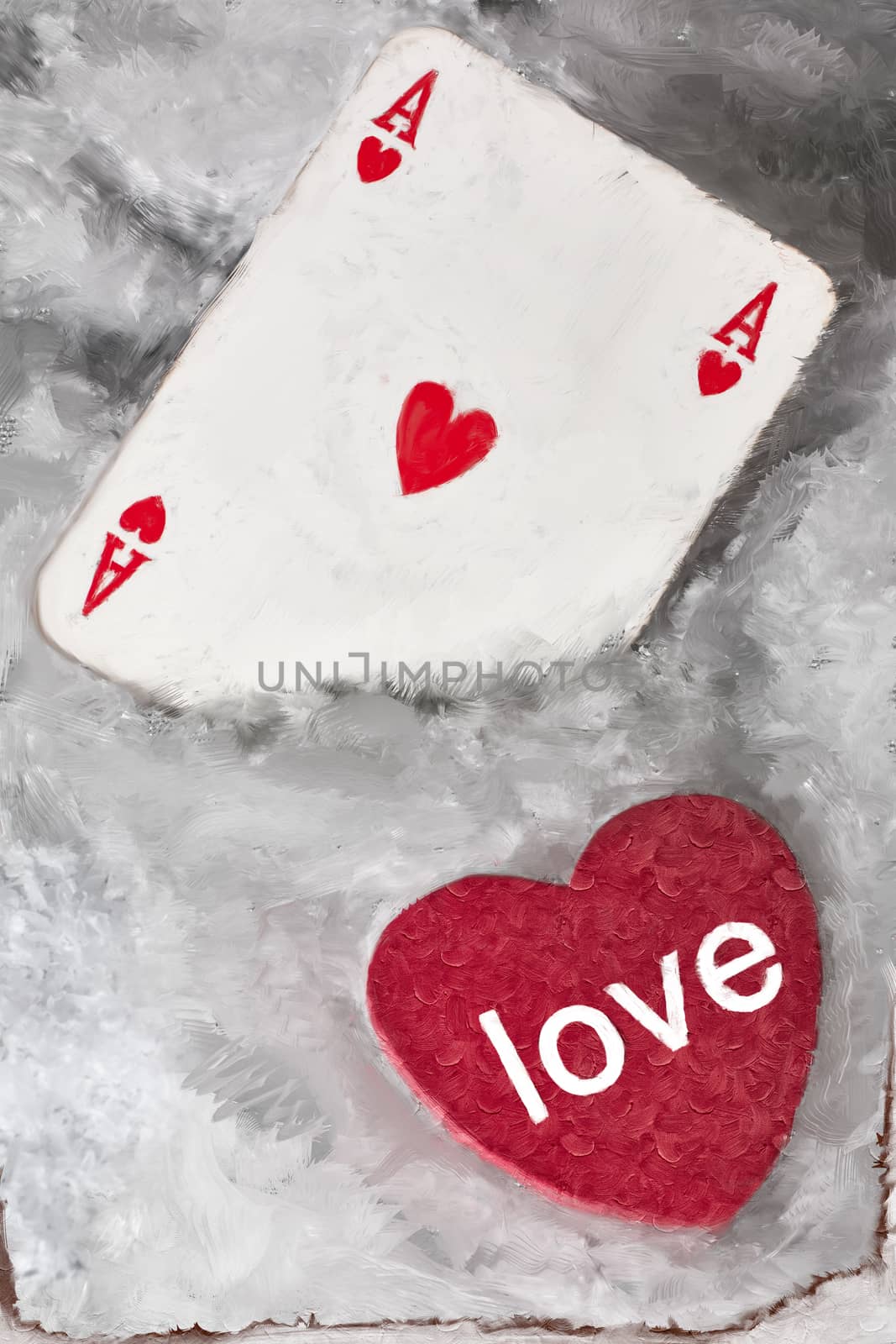 Red heart with ace of hearts in the snow by EnzoArt