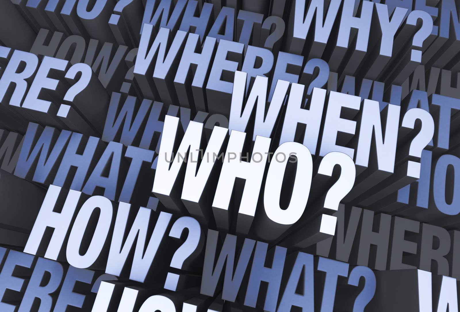 A 3D blue gray background filled with "WHO?", "WHAT?", "WHERE?", "WHEN?", "HOW?", and "WHY?" at different depths.