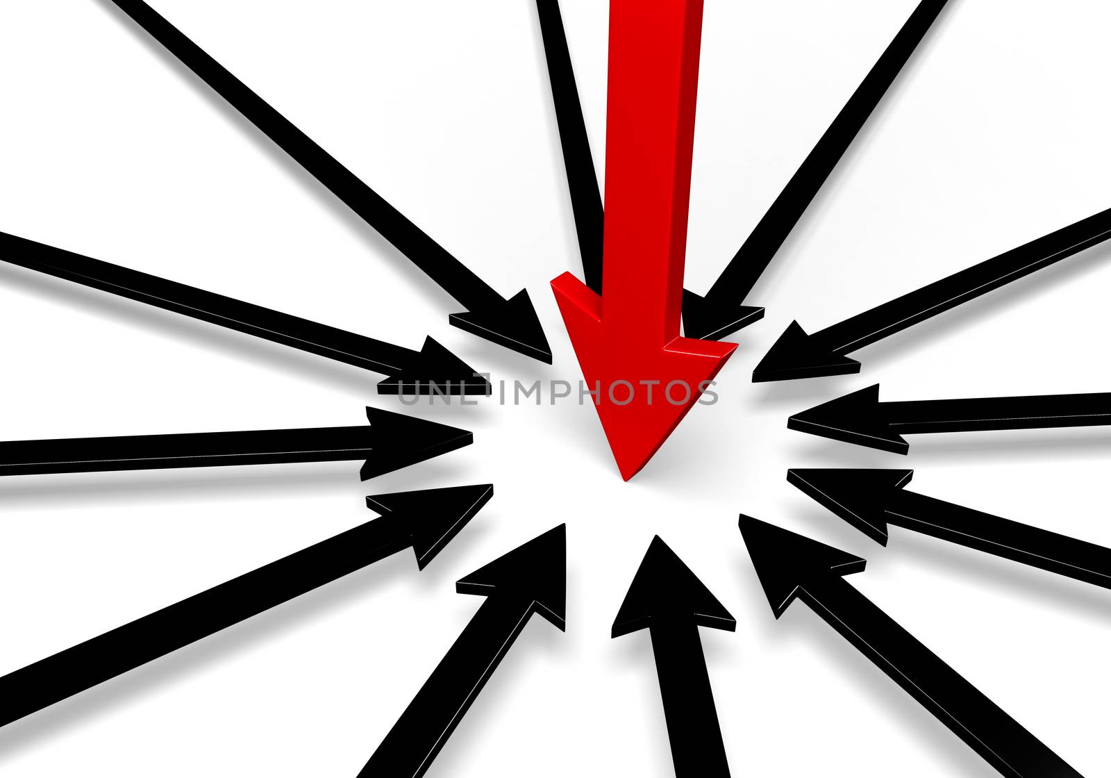 A circle of black arrows surround a larger, red arrow, all pointing to the same spot.  Isolated on white.