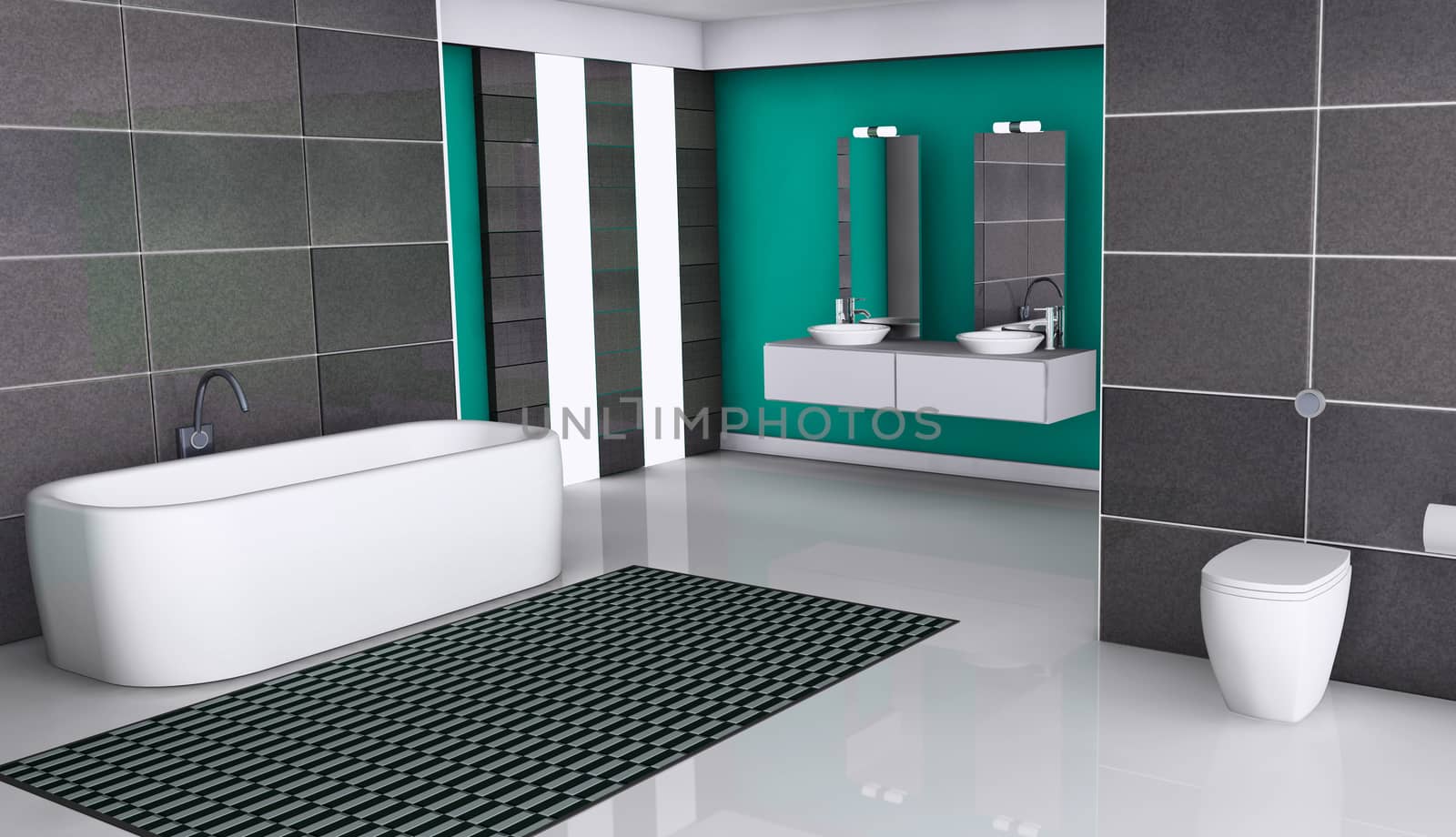 Home interior of a modern bathroom with contemporary design, windows, white floor and granite tiles, 3d rendering.