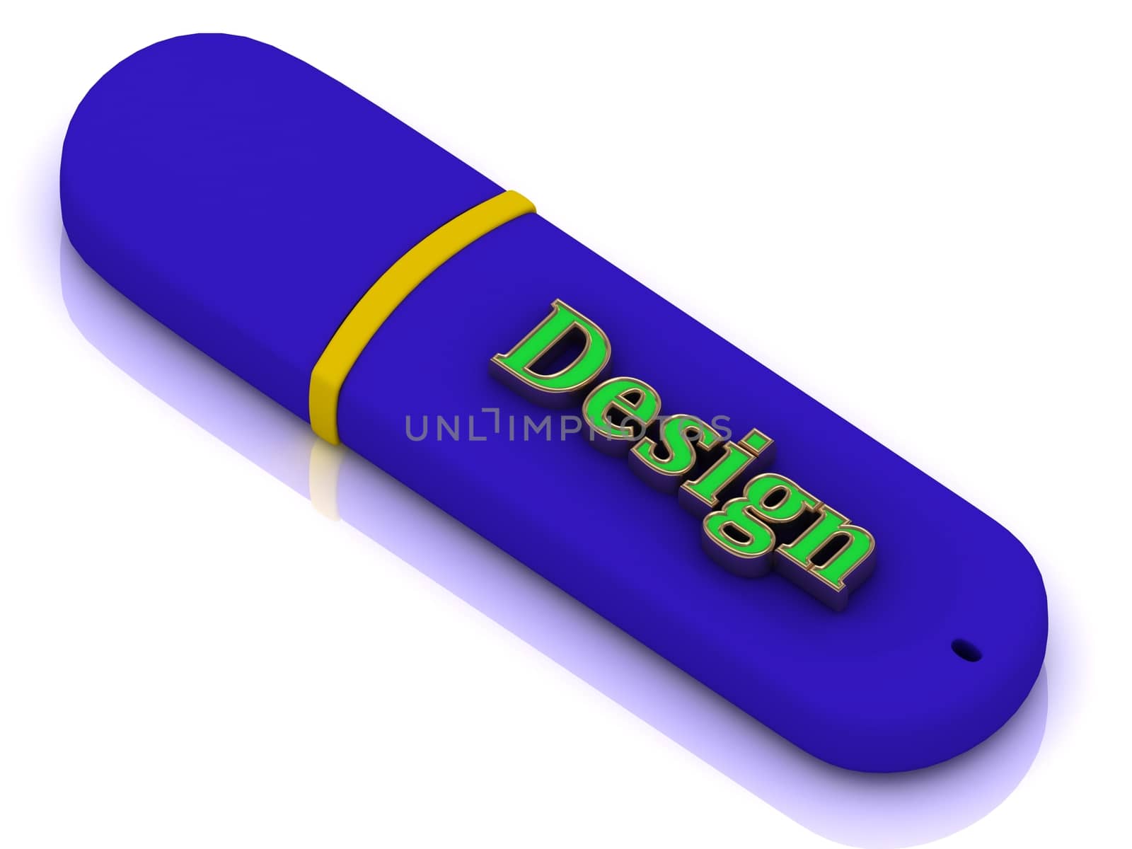 Design - inscription bright volume letter on blue USB flash drive on white background